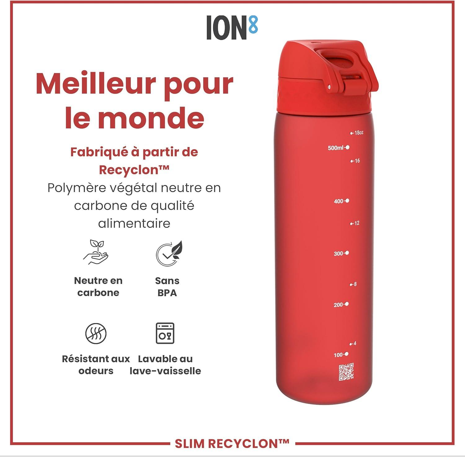 imageIon8 Gourde 500ml AntiFuite Facile Ouvrir Verrouillage Scuris Lavable en Lavevaisselle Sans BPA Poigne de Transport Sadapte aux Portegobelets Facile NettoyerRouge