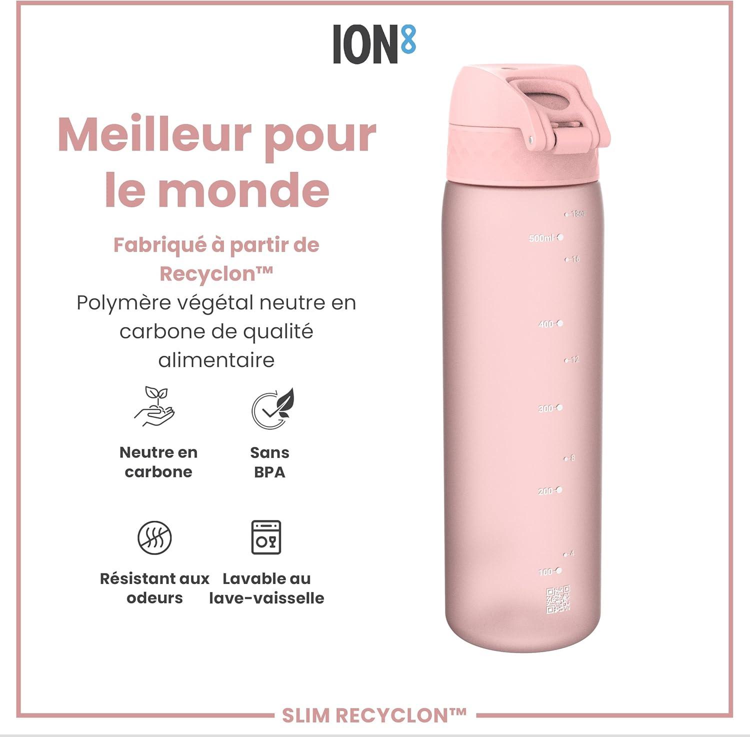 imageIon8 Gourde 500ml AntiFuite Facile Ouvrir Verrouillage Scuris Lavable en Lavevaisselle Sans BPA Poigne de Transport Sadapte aux Portegobelets Facile NettoyerRose Clair