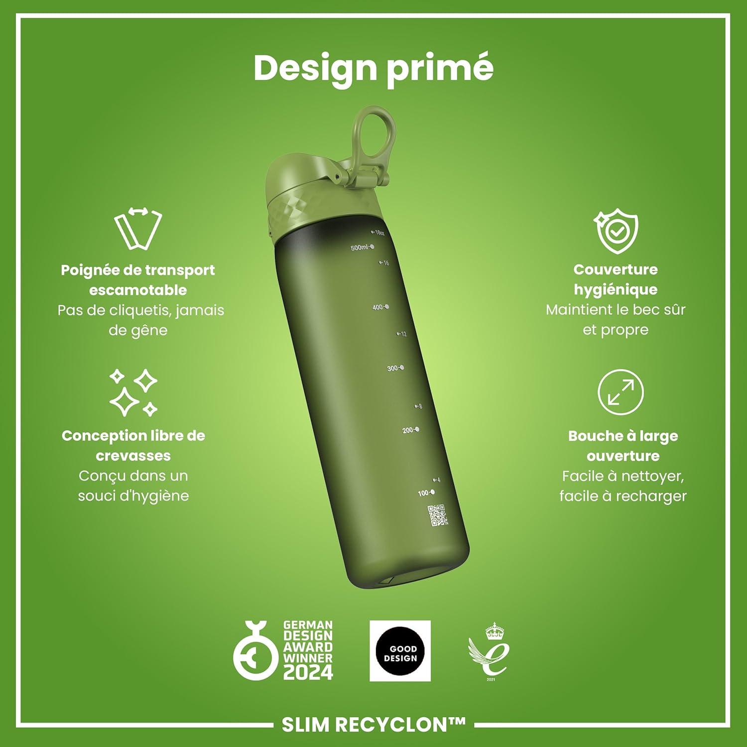 imageIon8 Gourde 500ml AntiFuite Facile Ouvrir Verrouillage Scuris Lavable en Lavevaisselle Sans BPA Poigne de Transport Sadapte aux Portegobelets Facile NettoyerVert Kaki