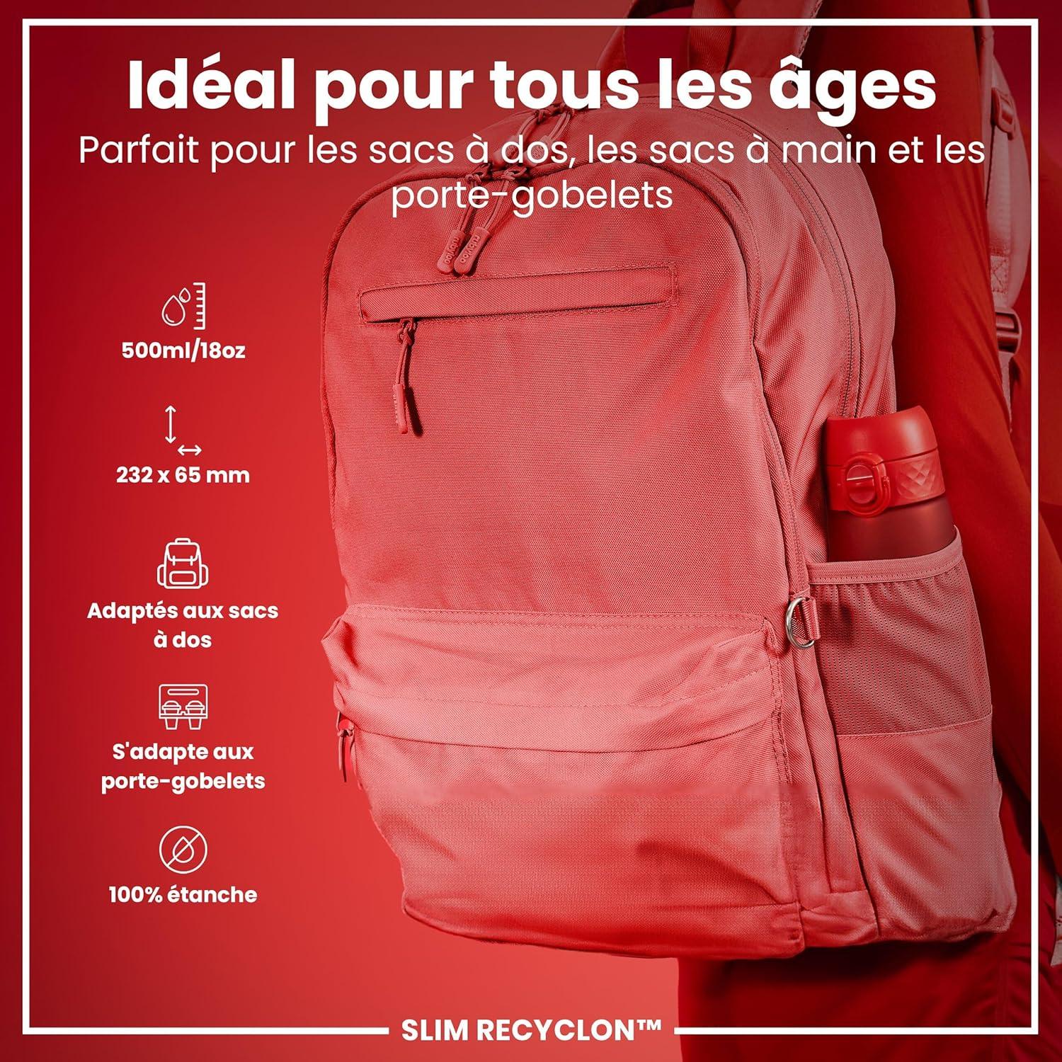 imageIon8 Gourde 500ml AntiFuite Facile Ouvrir Verrouillage Scuris Lavable en Lavevaisselle Sans BPA Poigne de Transport Sadapte aux Portegobelets Facile NettoyerRouge