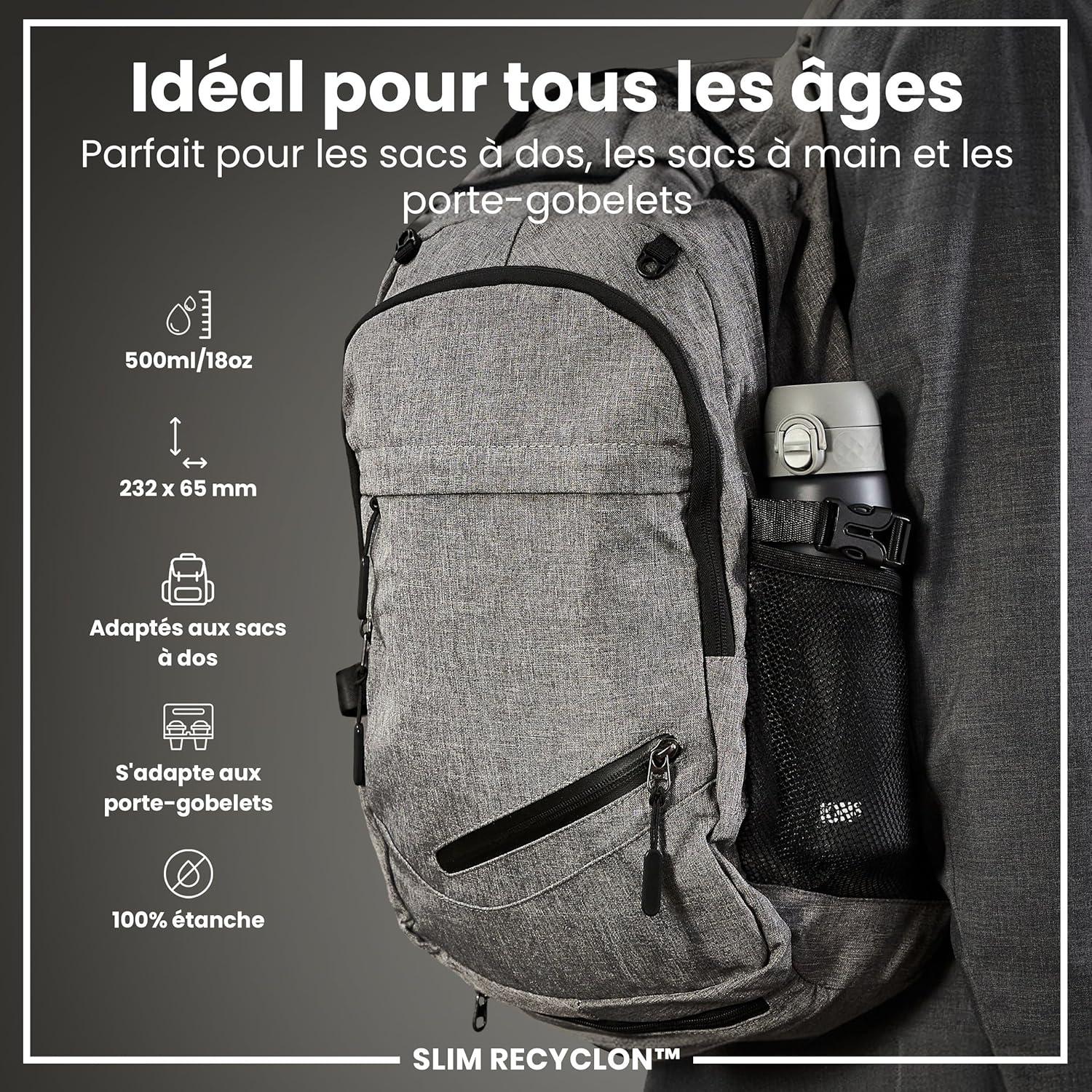 imageIon8 Gourde 500ml AntiFuite Facile Ouvrir Verrouillage Scuris Lavable en Lavevaisselle Sans BPA Poigne de Transport Sadapte aux Portegobelets Facile NettoyerGris