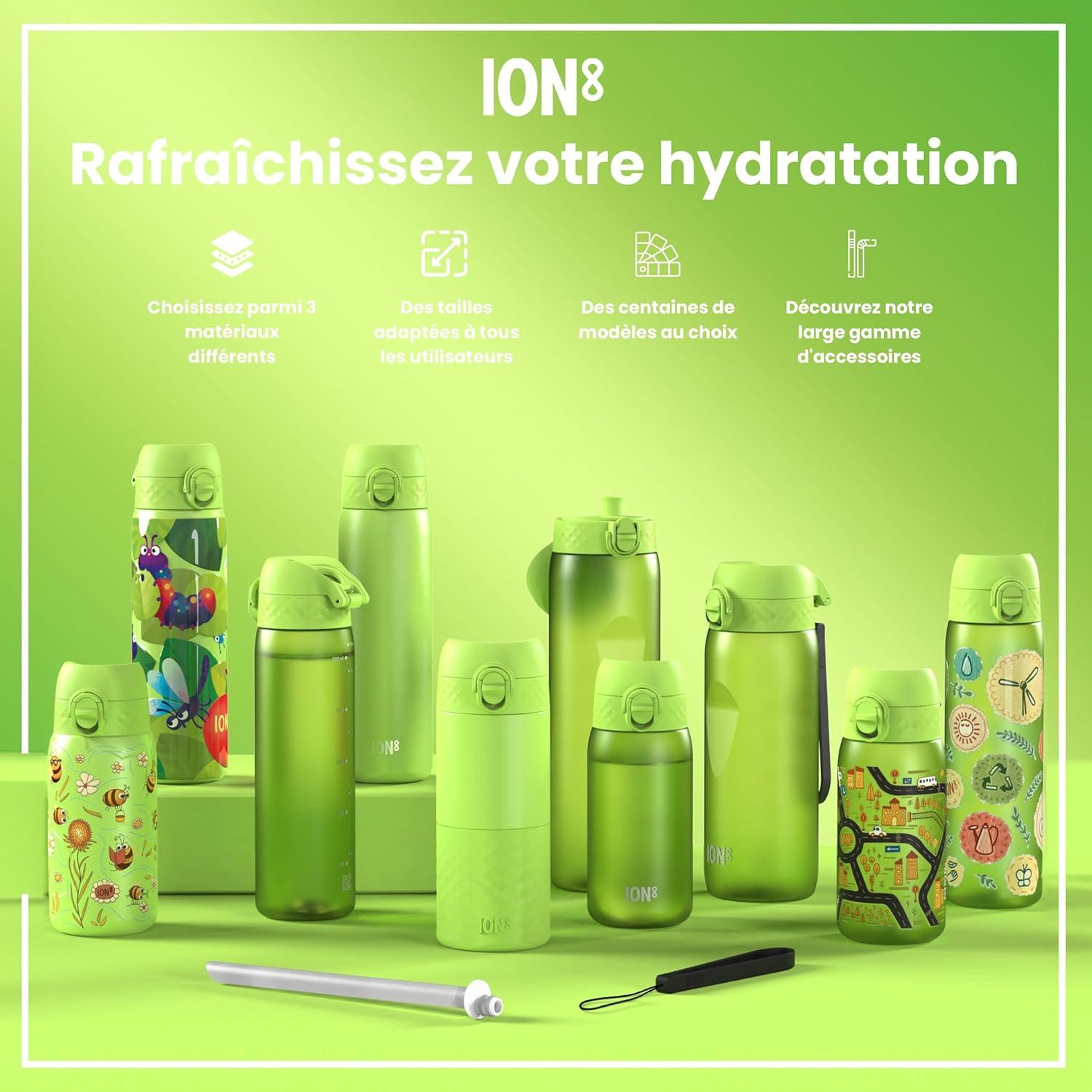 imageIon8 Gourde 500ml AntiFuite Facile Ouvrir Verrouillage Scuris Lavable en Lavevaisselle Sans BPA Poigne de Transport Sadapte aux Portegobelets Facile NettoyerVert Kaki