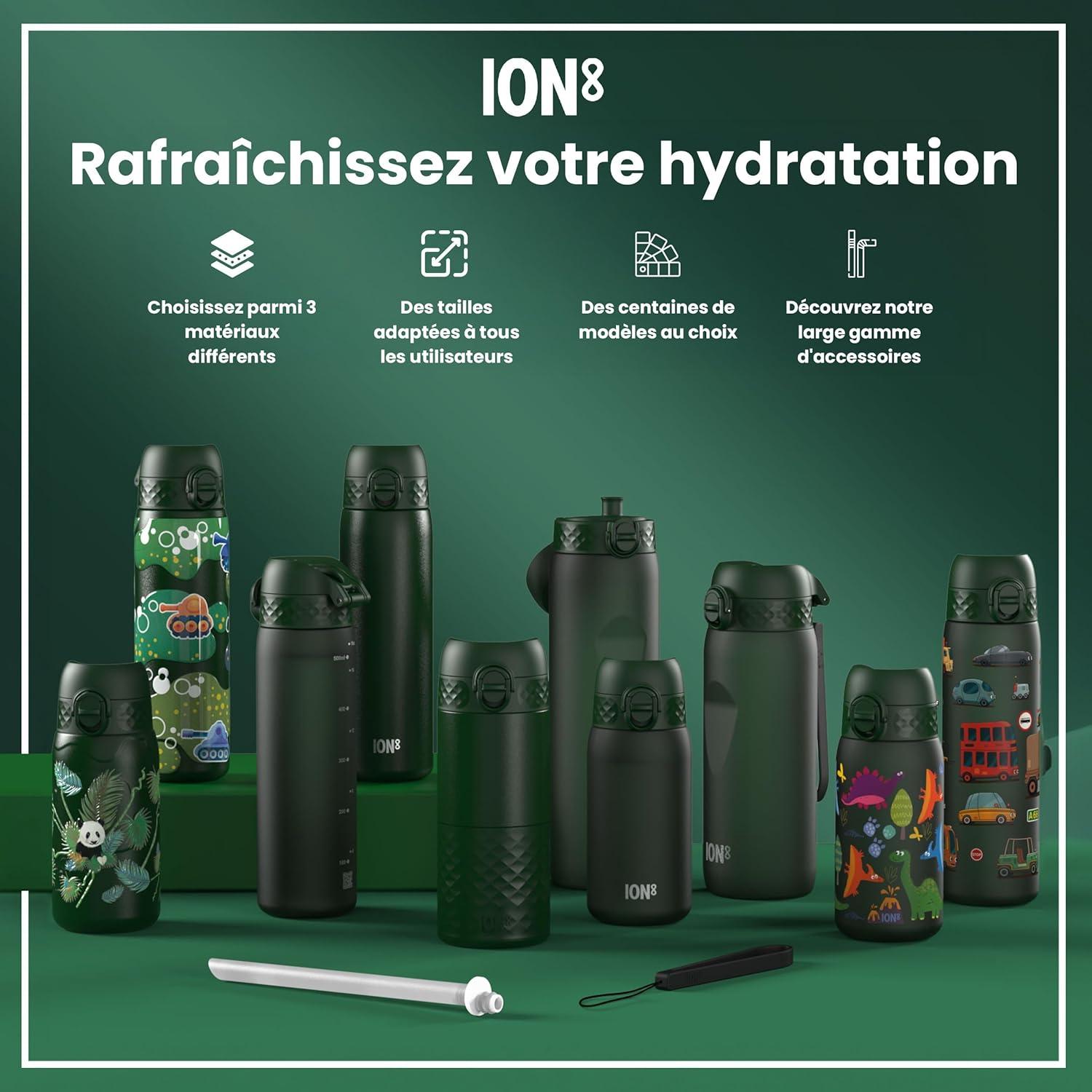 imageIon8 Gourde 500ml AntiFuite Facile Ouvrir Verrouillage Scuris Lavable en Lavevaisselle Sans BPA Poigne de Transport Sadapte aux Portegobelets Facile NettoyerVert Fonc