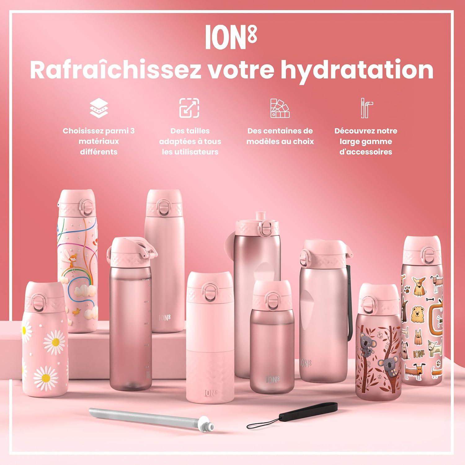 imageIon8 Gourde 500ml AntiFuite Facile Ouvrir Verrouillage Scuris Lavable en Lavevaisselle Sans BPA Poigne de Transport Sadapte aux Portegobelets Facile NettoyerRose Clair