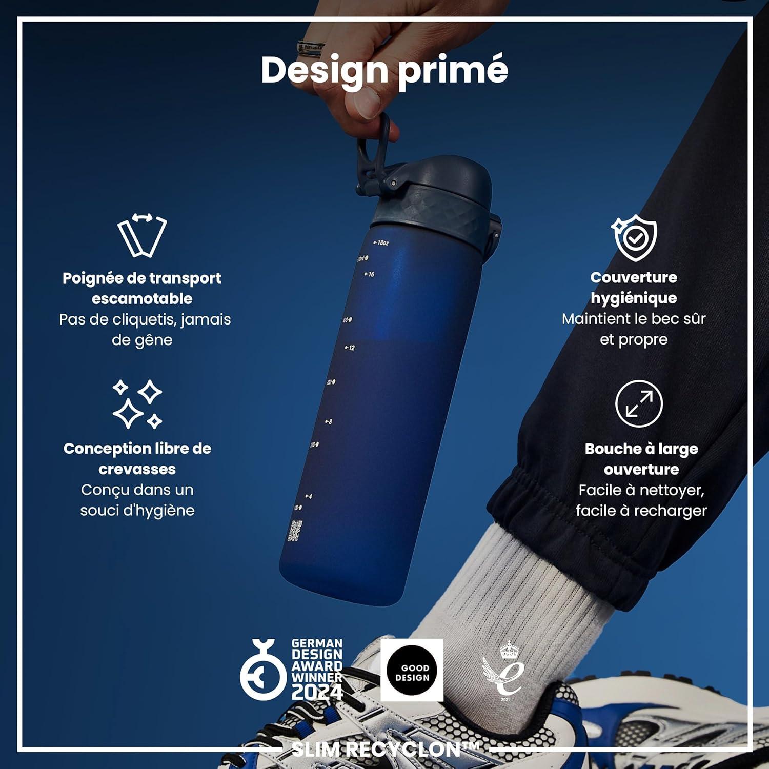 imageIon8 Gourde 500ml AntiFuite Facile Ouvrir Verrouillage Scuris Lavable en Lavevaisselle Sans BPA Poigne de Transport Sadapte aux Portegobelets Facile NettoyerBleu Marine