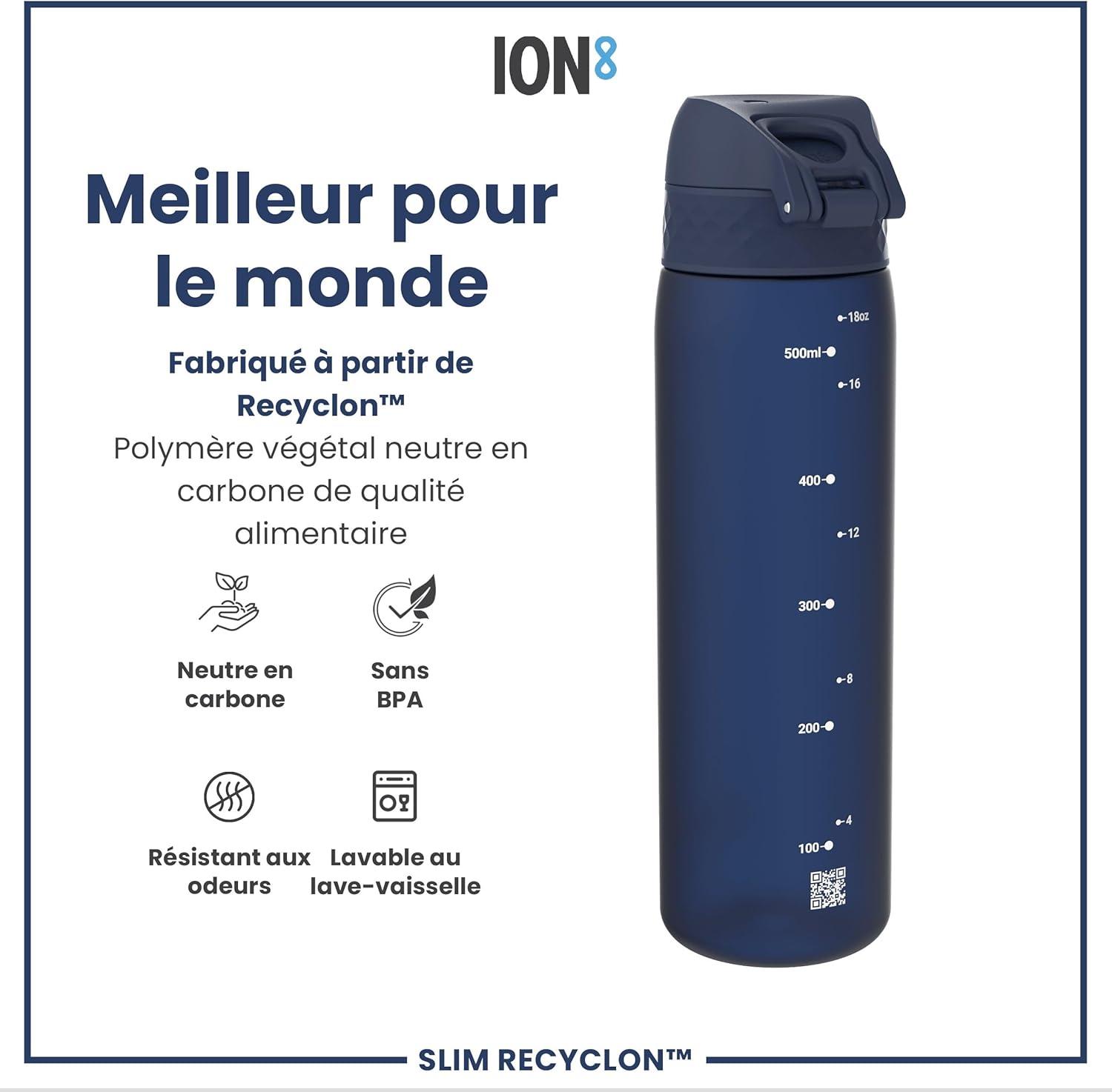 imageIon8 Gourde 500ml AntiFuite Facile Ouvrir Verrouillage Scuris Lavable en Lavevaisselle Sans BPA Poigne de Transport Sadapte aux Portegobelets Facile NettoyerBleu Marine