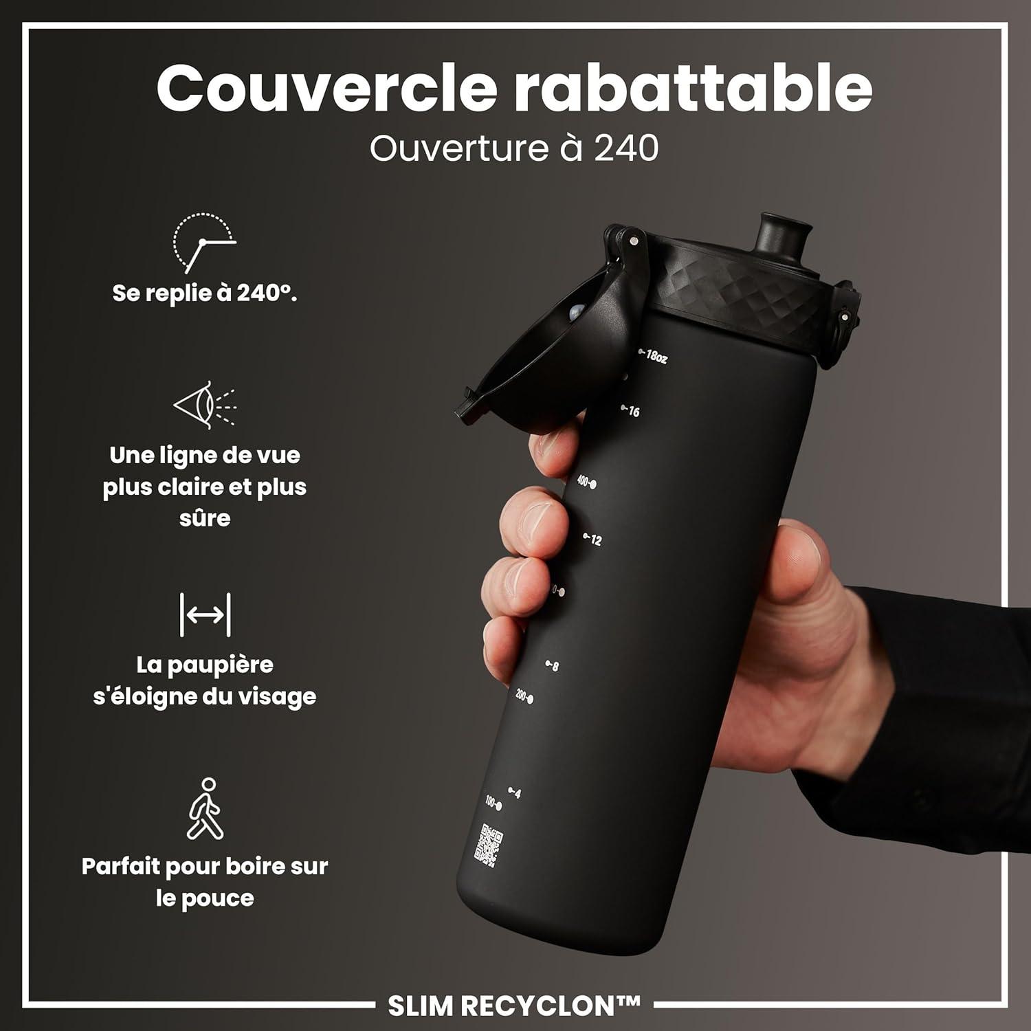 imageIon8 Gourde 500ml AntiFuite Facile Ouvrir Verrouillage Scuris Lavable en Lavevaisselle Sans BPA Poigne de Transport Sadapte aux Portegobelets Facile NettoyerNoir