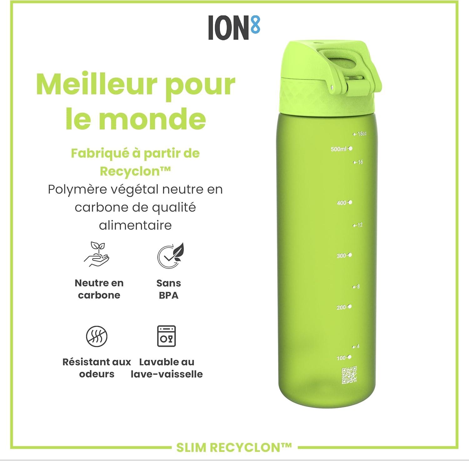 imageIon8 Gourde 500ml AntiFuite Facile Ouvrir Verrouillage Scuris Lavable en Lavevaisselle Sans BPA Poigne de Transport Sadapte aux Portegobelets Facile NettoyerVert