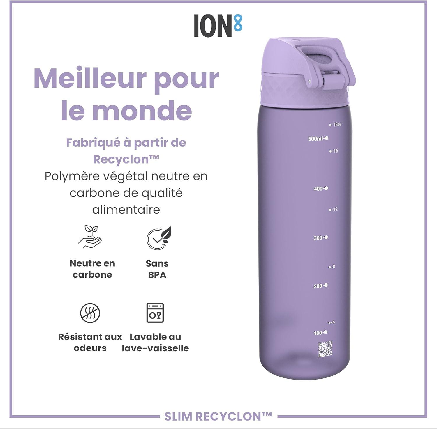 imageIon8 Gourde 500ml AntiFuite Facile Ouvrir Verrouillage Scuris Lavable en Lavevaisselle Sans BPA Poigne de Transport Sadapte aux Portegobelets Facile NettoyerViolet Clair