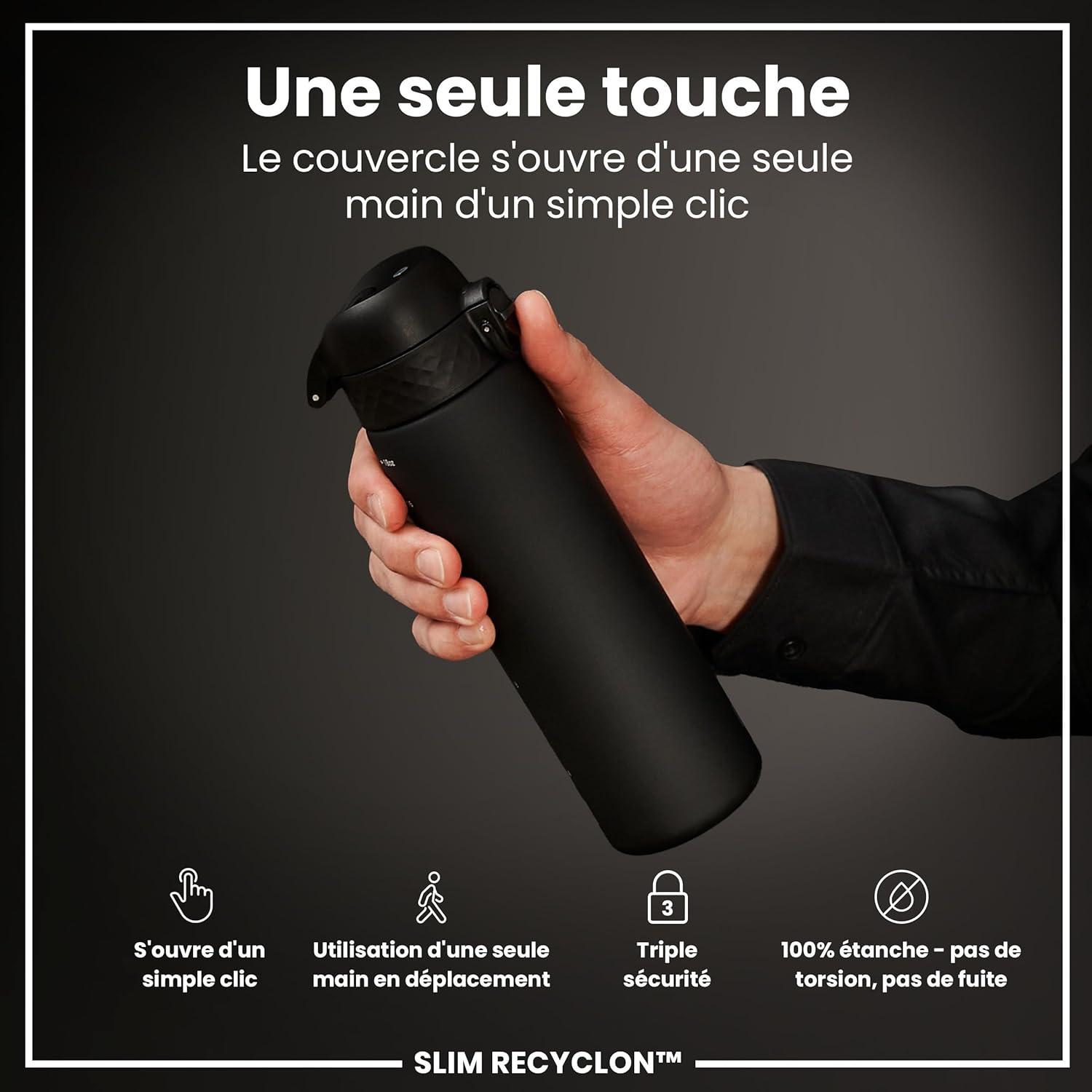 imageIon8 Gourde 500ml AntiFuite Facile Ouvrir Verrouillage Scuris Lavable en Lavevaisselle Sans BPA Poigne de Transport Sadapte aux Portegobelets Facile NettoyerNoir