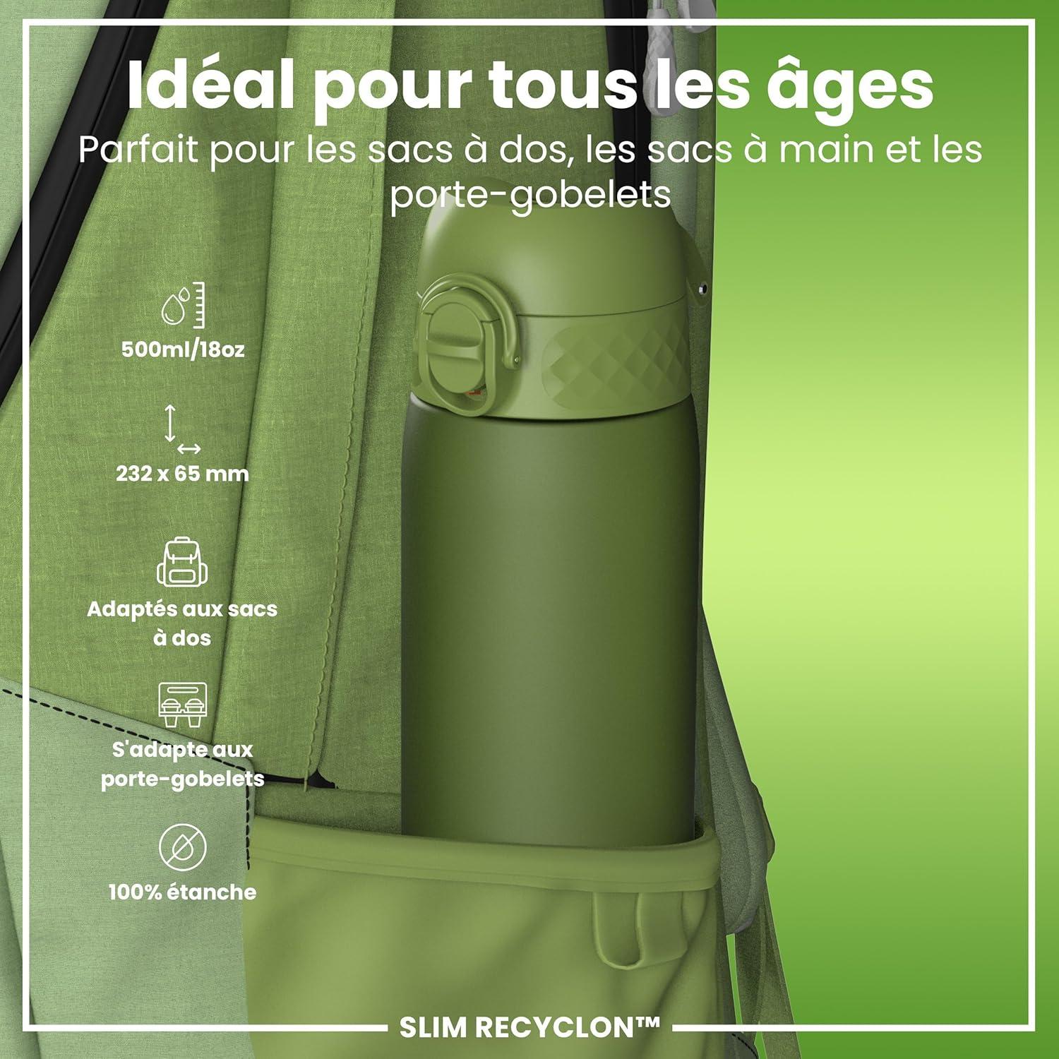 imageIon8 Gourde 500ml AntiFuite Facile Ouvrir Verrouillage Scuris Lavable en Lavevaisselle Sans BPA Poigne de Transport Sadapte aux Portegobelets Facile NettoyerVert Kaki