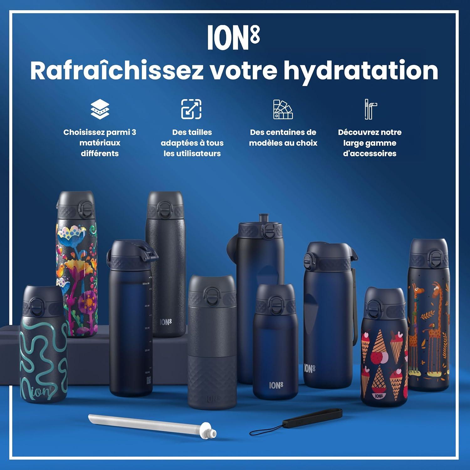 imageIon8 Gourde 500ml AntiFuite Facile Ouvrir Verrouillage Scuris Lavable en Lavevaisselle Sans BPA Poigne de Transport Sadapte aux Portegobelets Facile NettoyerBleu Marine