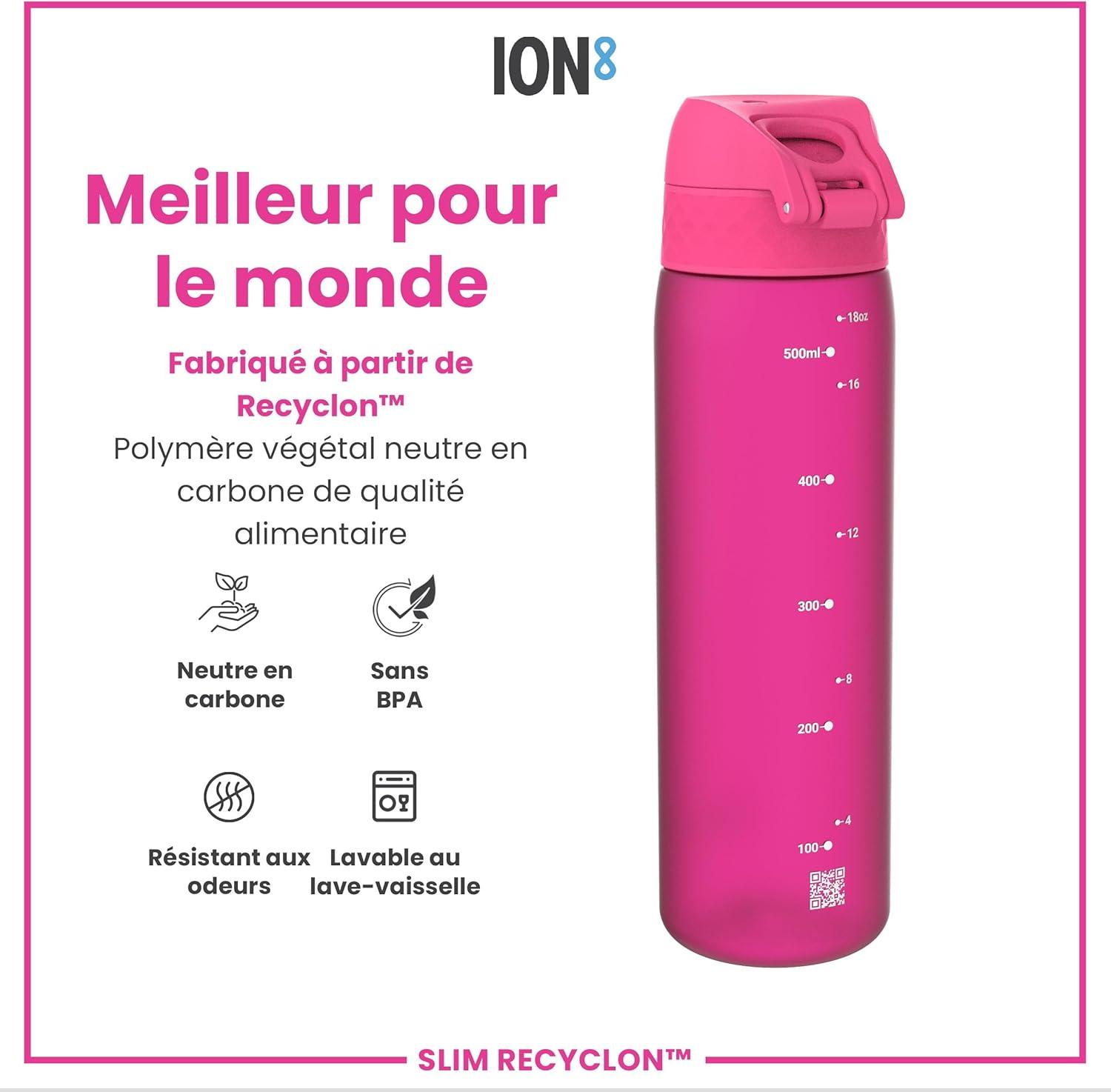imageIon8 Gourde 500ml AntiFuite Facile Ouvrir Verrouillage Scuris Lavable en Lavevaisselle Sans BPA Poigne de Transport Sadapte aux Portegobelets Facile NettoyerRose