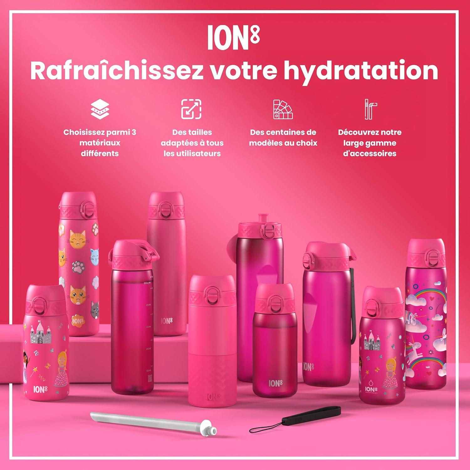 imageIon8 Gourde 500ml AntiFuite Facile Ouvrir Verrouillage Scuris Lavable en Lavevaisselle Sans BPA Poigne de Transport Sadapte aux Portegobelets Facile NettoyerRose