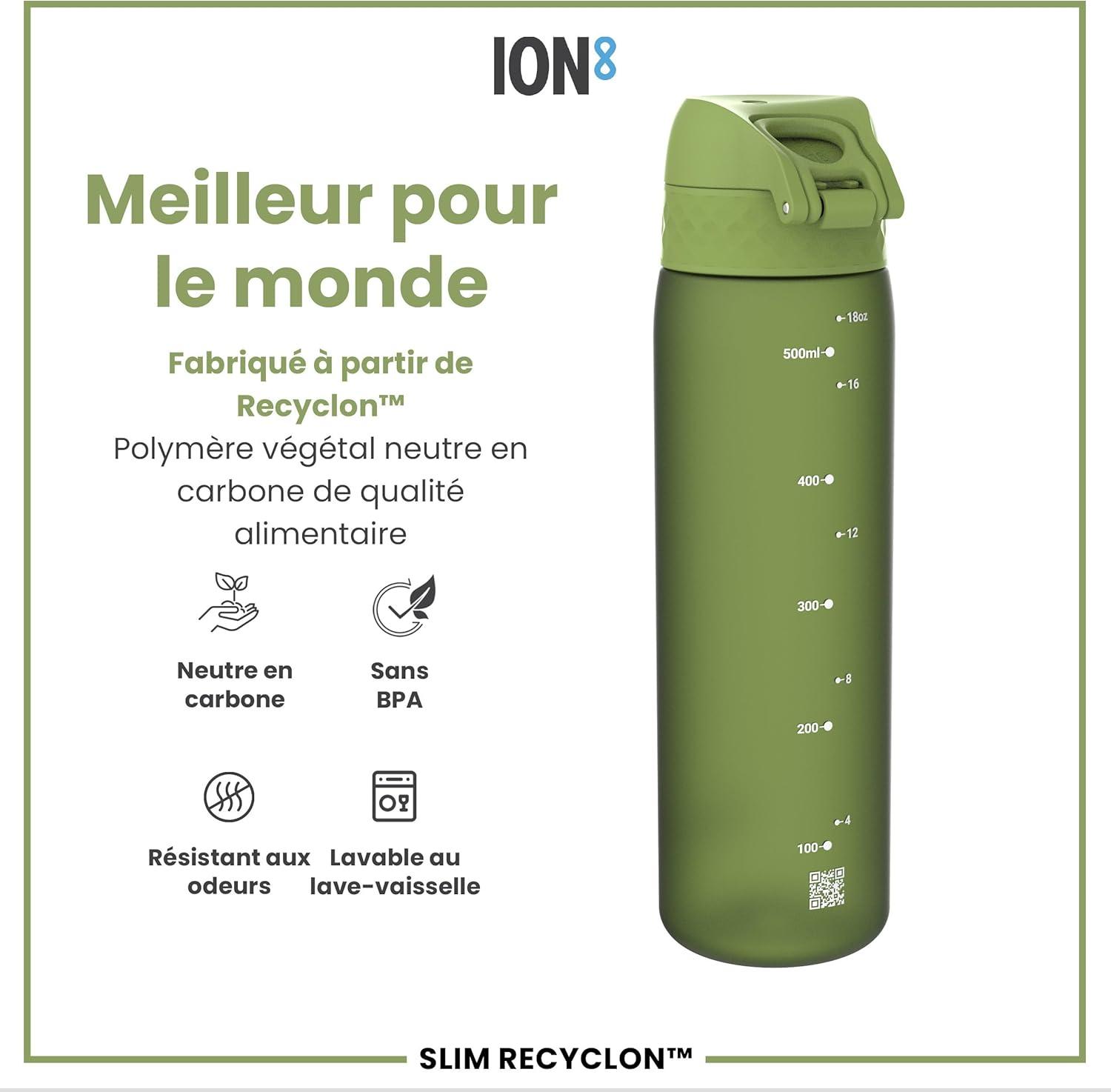 imageIon8 Gourde 500ml AntiFuite Facile Ouvrir Verrouillage Scuris Lavable en Lavevaisselle Sans BPA Poigne de Transport Sadapte aux Portegobelets Facile NettoyerVert Kaki