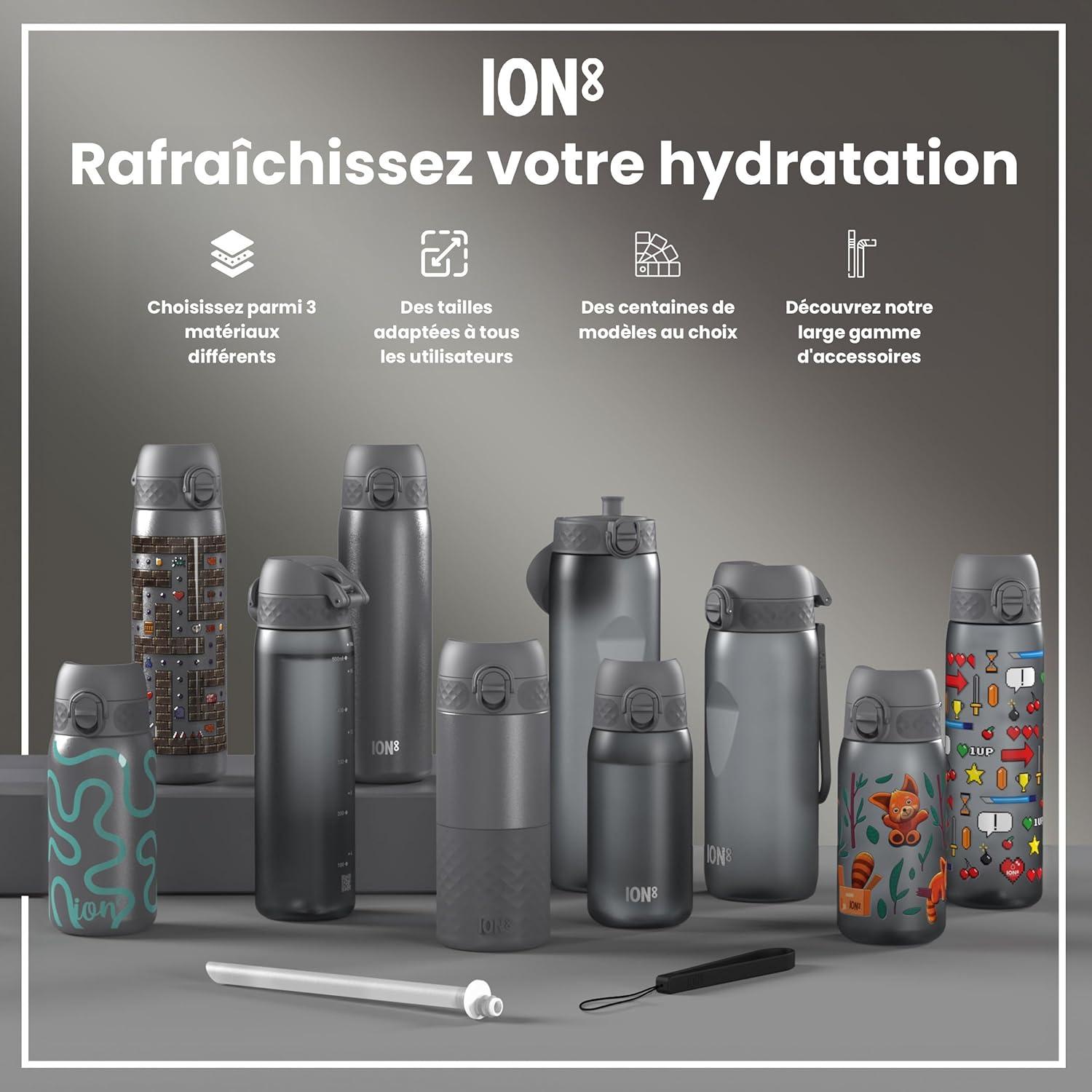 imageIon8 Gourde 500ml AntiFuite Facile Ouvrir Verrouillage Scuris Lavable en Lavevaisselle Sans BPA Poigne de Transport Sadapte aux Portegobelets Facile NettoyerGris