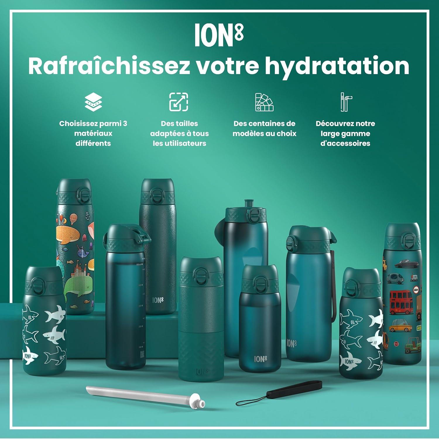 imageIon8 Gourde 500ml AntiFuite Facile Ouvrir Verrouillage Scuris Lavable en Lavevaisselle Sans BPA Poigne de Transport Sadapte aux Portegobelets Facile NettoyerAqua