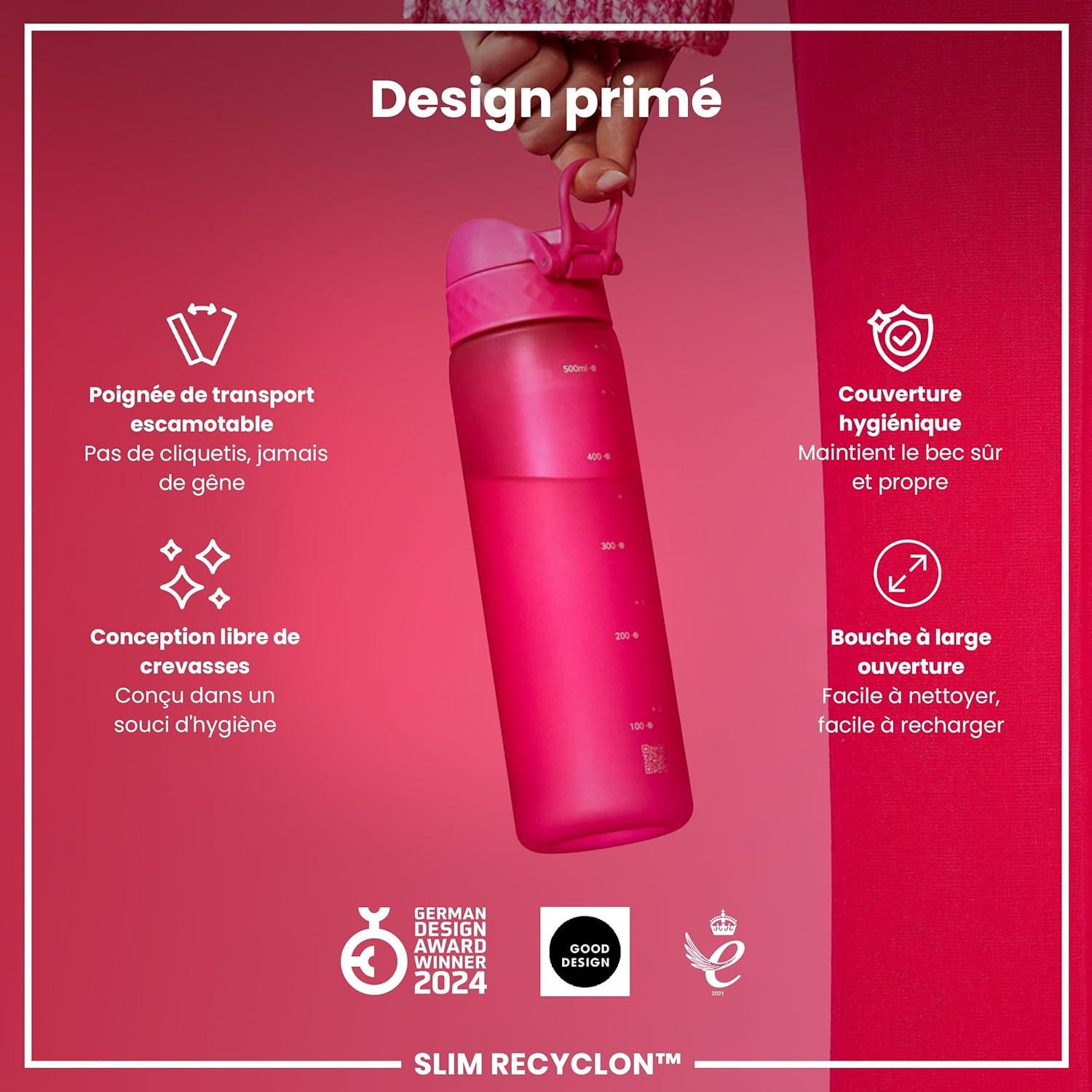imageIon8 Gourde 500ml AntiFuite Facile Ouvrir Verrouillage Scuris Lavable en Lavevaisselle Sans BPA Poigne de Transport Sadapte aux Portegobelets Facile NettoyerRose