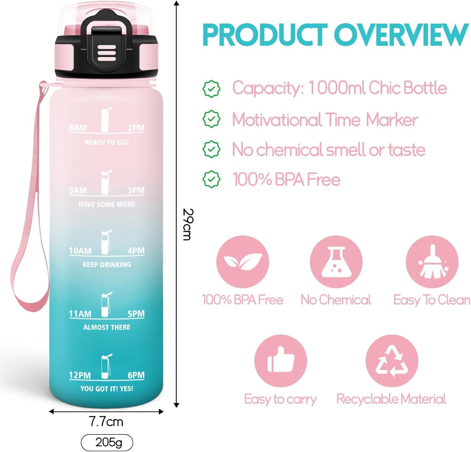 imageMotswedi Gourde Sport 1000ml Anti Fuite Gourde Paille Rutilisable Bouteille deau sans BPA Bouteille Reutilisable pour Enfant Adulte Randonne lcole Fitness Rose JauntreRose Vert