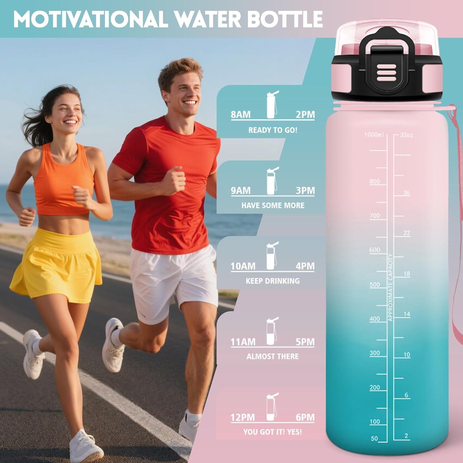 imageMotswedi Gourde Sport 1000ml Anti Fuite Gourde Paille Rutilisable Bouteille deau sans BPA Bouteille Reutilisable pour Enfant Adulte Randonne lcole Fitness Rose JauntreRose Vert