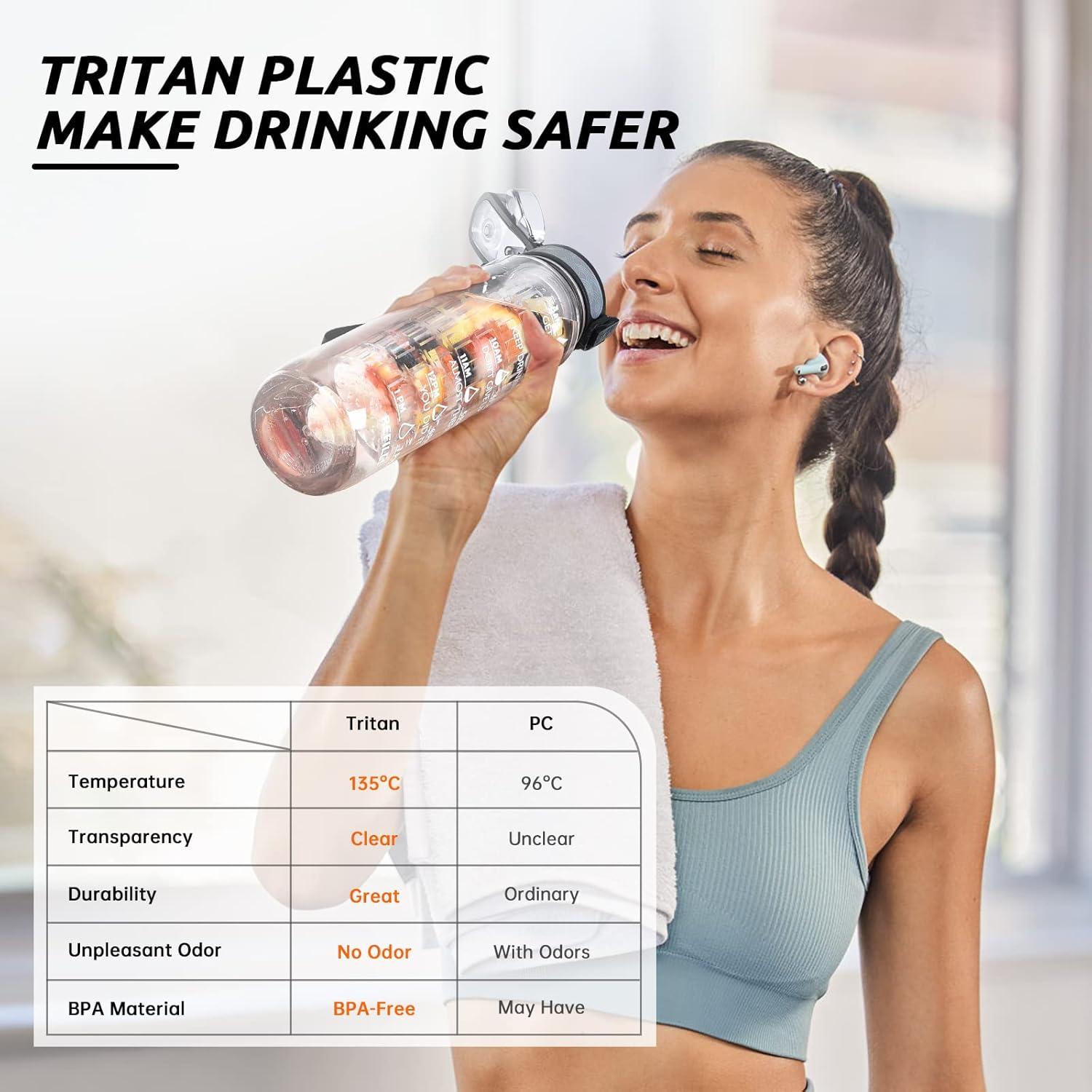 imageUTEBIT Gourde Sport 1L Bouteille deau avec Infuseur Th ou Fruits1 Litre Bouteille Reutilisable Fabrique en Tritan sans BPA avec Marqueur de Temps de Motivation pour Gym Camping BureauTransparent
