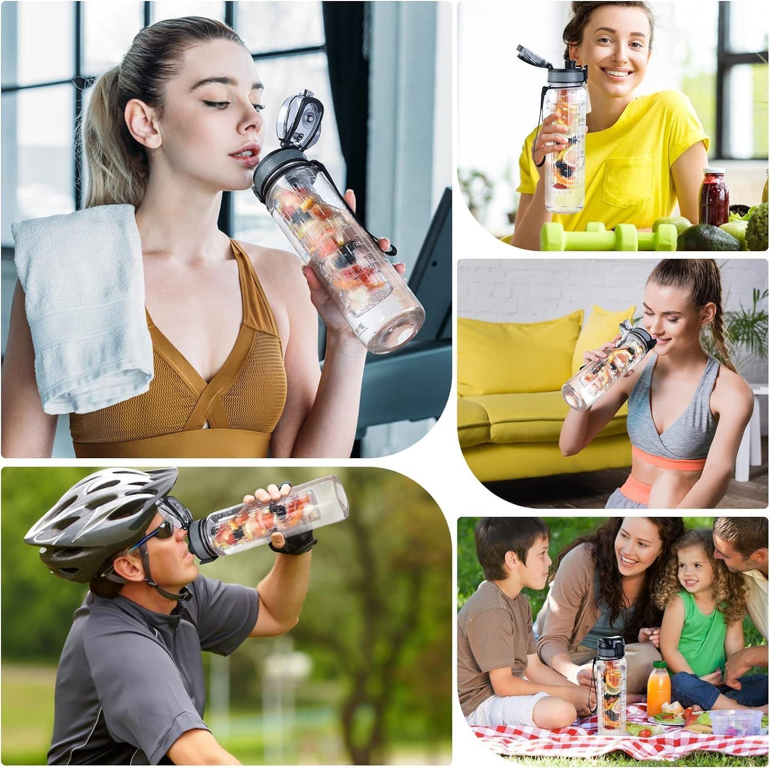 imageUTEBIT Gourde Sport 1L Bouteille deau avec Infuseur Th ou Fruits1 Litre Bouteille Reutilisable Fabrique en Tritan sans BPA avec Marqueur de Temps de Motivation pour Gym Camping BureauTransparent