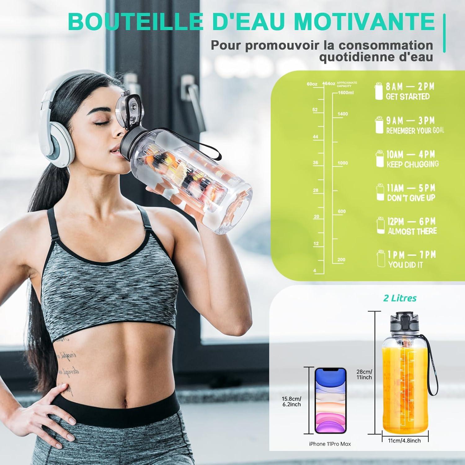 imageUTEBIT Gourde Sport 1L Bouteille deau avec Infuseur Th ou Fruits1 Litre Bouteille Reutilisable Fabrique en Tritan sans BPA avec Marqueur de Temps de Motivation pour Gym Camping BureauTransparent