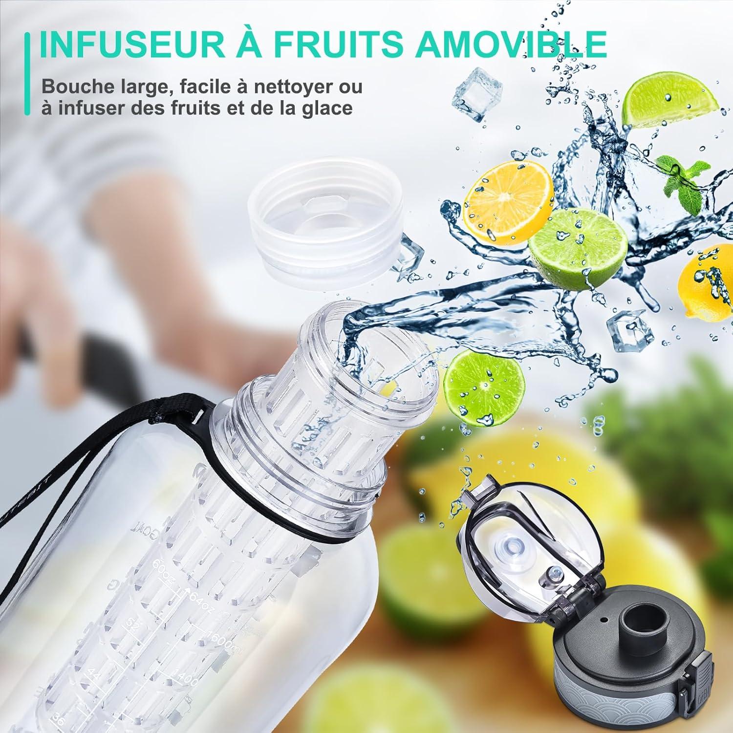 imageUTEBIT Gourde Sport 1L Bouteille deau avec Infuseur Th ou Fruits1 Litre Bouteille Reutilisable Fabrique en Tritan sans BPA avec Marqueur de Temps de Motivation pour Gym Camping BureauTransparent