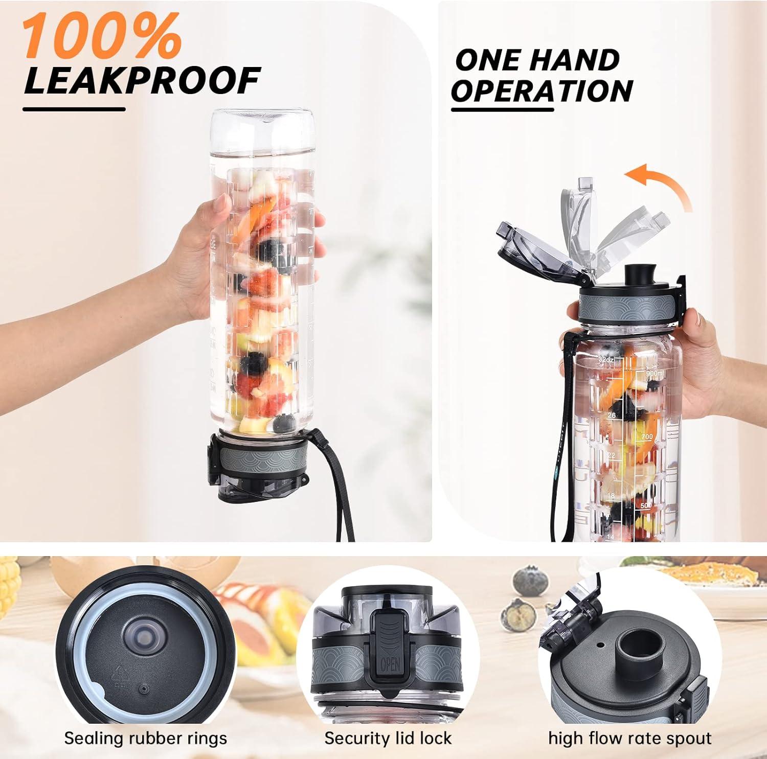 imageUTEBIT Gourde Sport 1L Bouteille deau avec Infuseur Th ou Fruits1 Litre Bouteille Reutilisable Fabrique en Tritan sans BPA avec Marqueur de Temps de Motivation pour Gym Camping BureauTransparent