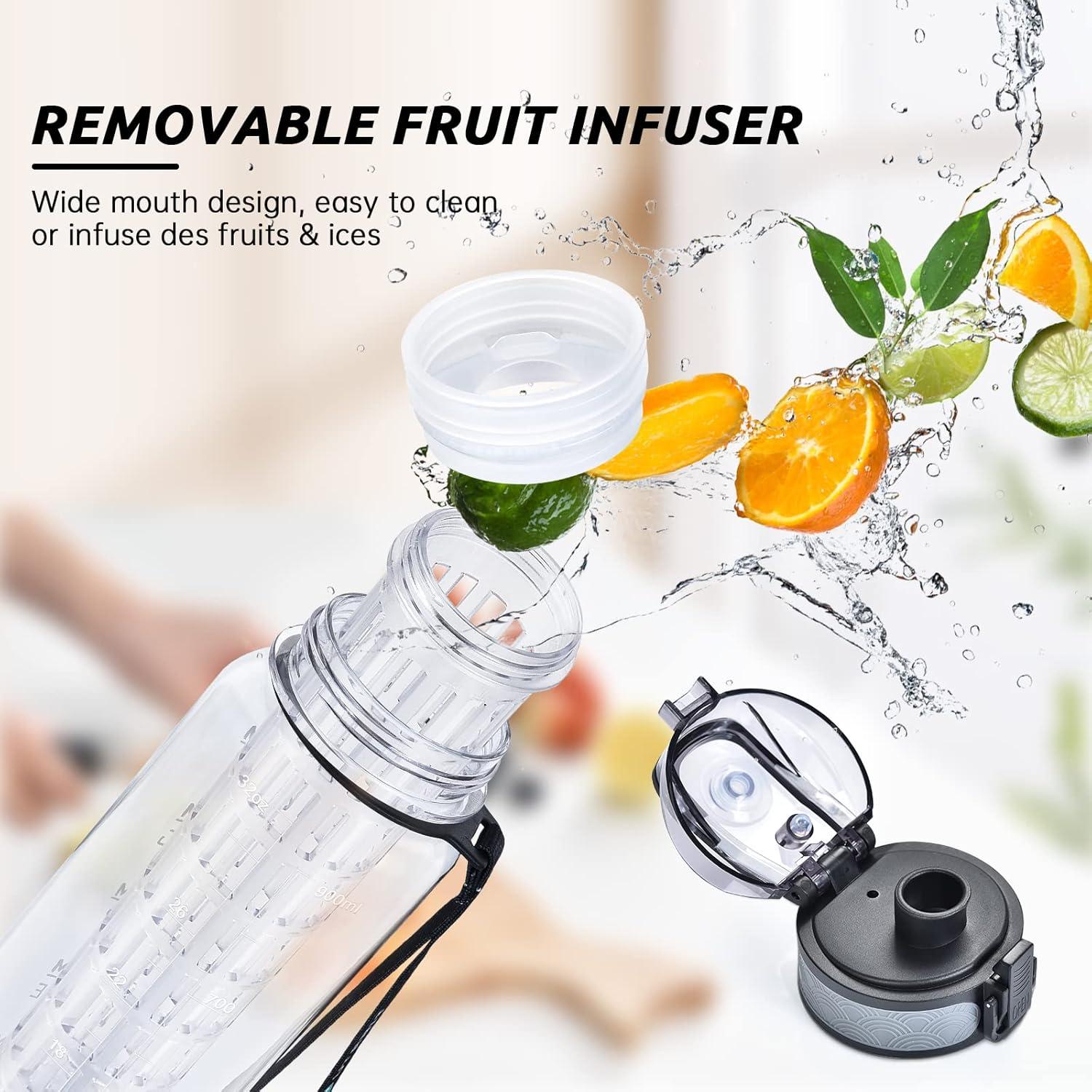 imageUTEBIT Gourde Sport 1L Bouteille deau avec Infuseur Th ou Fruits1 Litre Bouteille Reutilisable Fabrique en Tritan sans BPA avec Marqueur de Temps de Motivation pour Gym Camping BureauTransparent