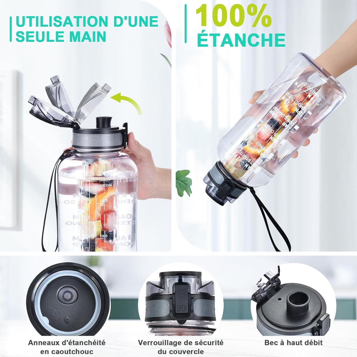 imageUTEBIT Gourde Sport 1L Bouteille deau avec Infuseur Th ou Fruits1 Litre Bouteille Reutilisable Fabrique en Tritan sans BPA avec Marqueur de Temps de Motivation pour Gym Camping BureauTransparent