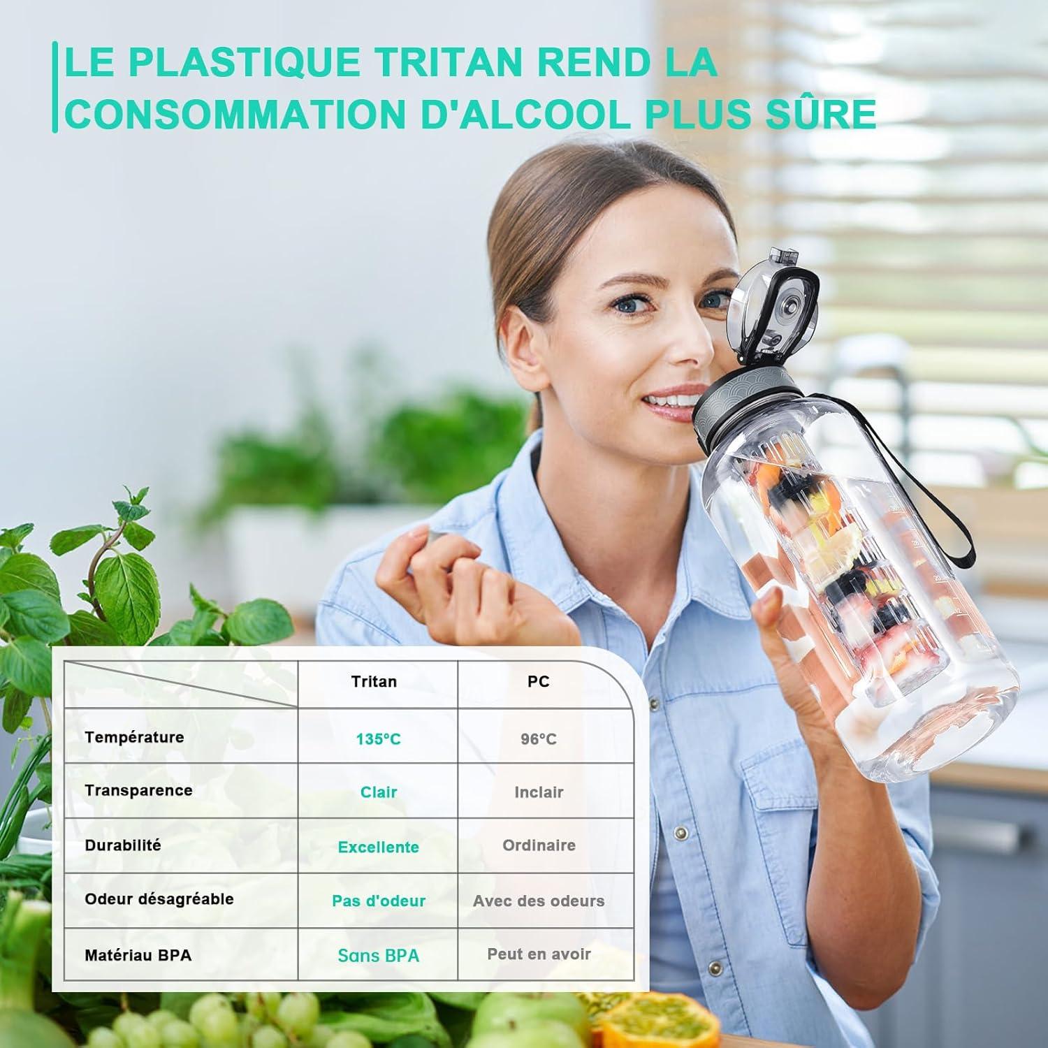 imageUTEBIT Gourde Sport 1L Bouteille deau avec Infuseur Th ou Fruits1 Litre Bouteille Reutilisable Fabrique en Tritan sans BPA avec Marqueur de Temps de Motivation pour Gym Camping BureauTransparent