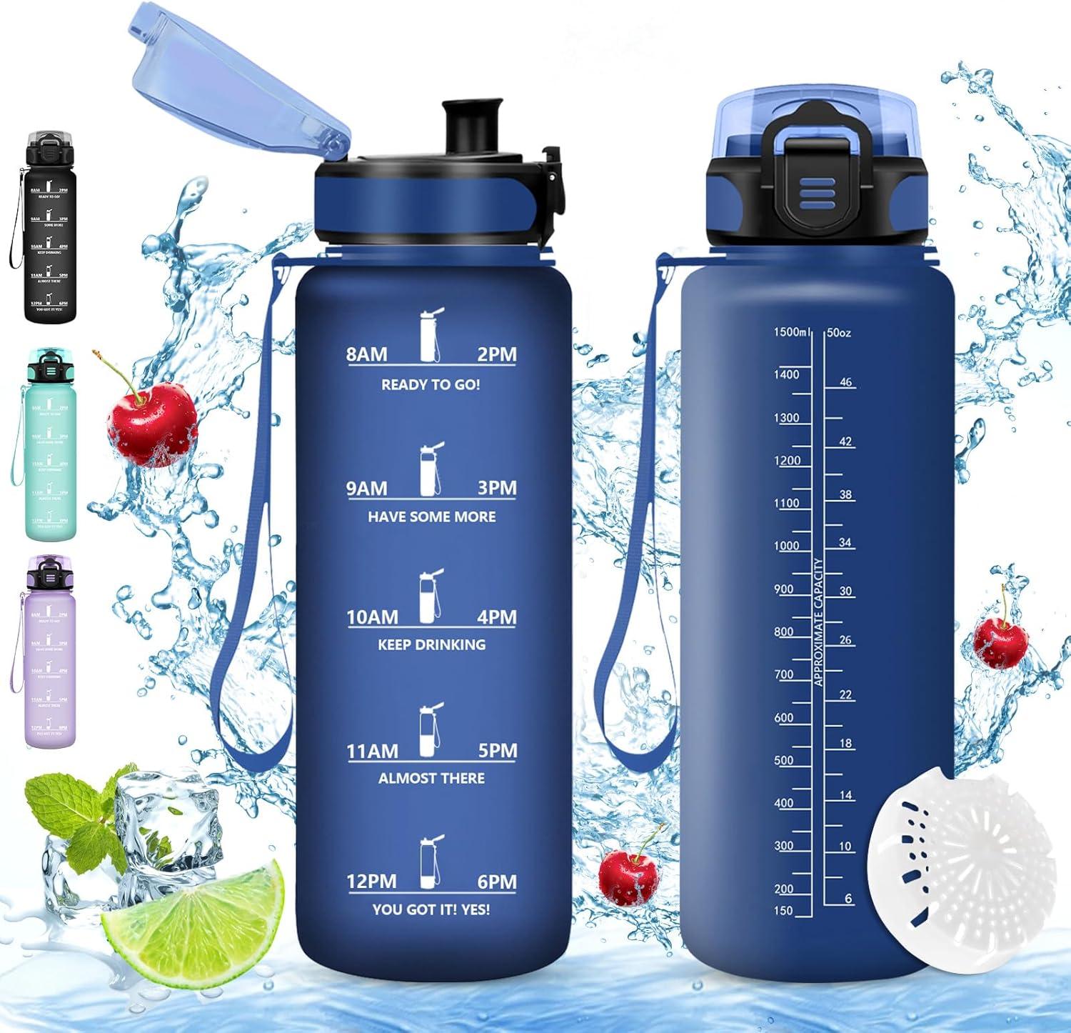 imageVikaster Gourde Sport Sans BPA tanche ampamp Rutilisable Bouteille dEau avec Marqueur de Temps et Filtre Convient Pour Enfant ampamp AdulteCbleu Marine Mat