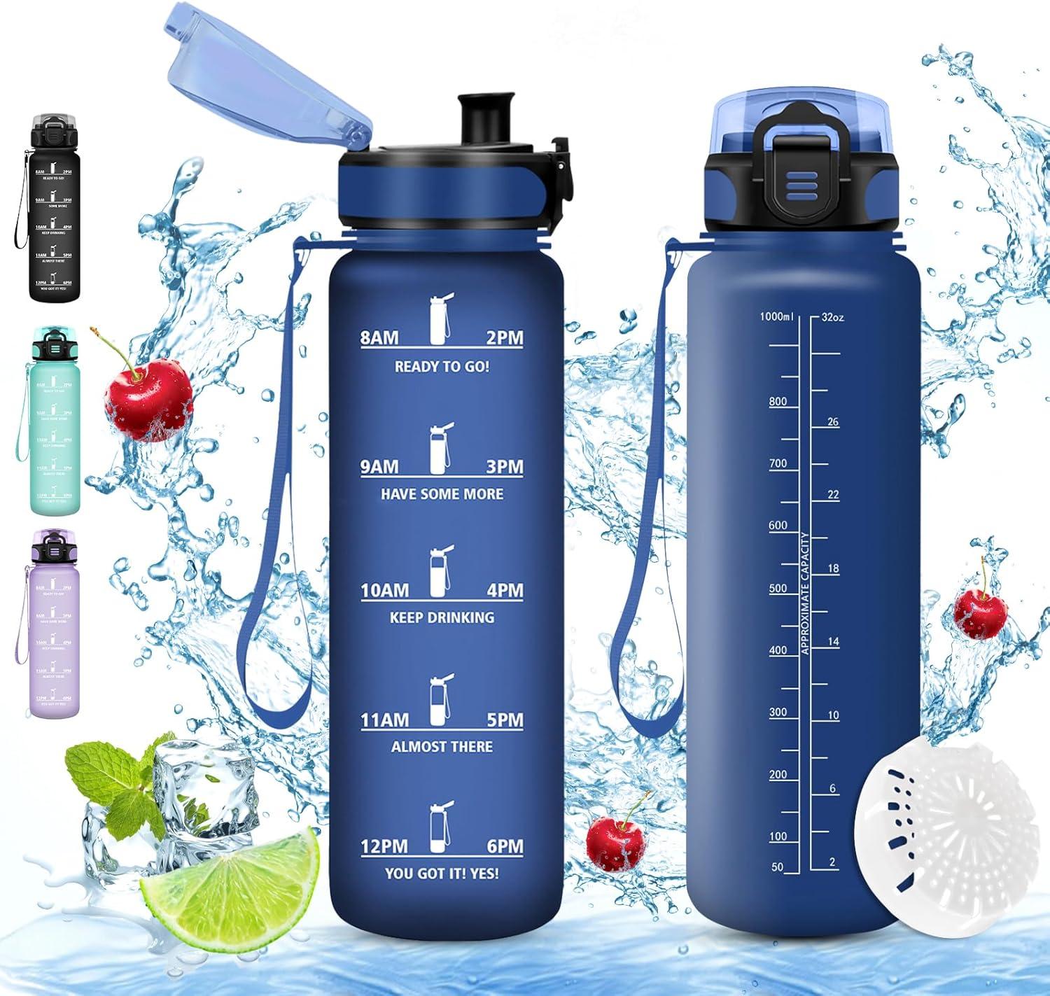 imageVikaster Gourde Sport Sans BPA tanche ampamp Rutilisable Bouteille dEau avec Marqueur de Temps et Filtre Convient Pour Enfant ampamp AdulteCbleu Marine Mat