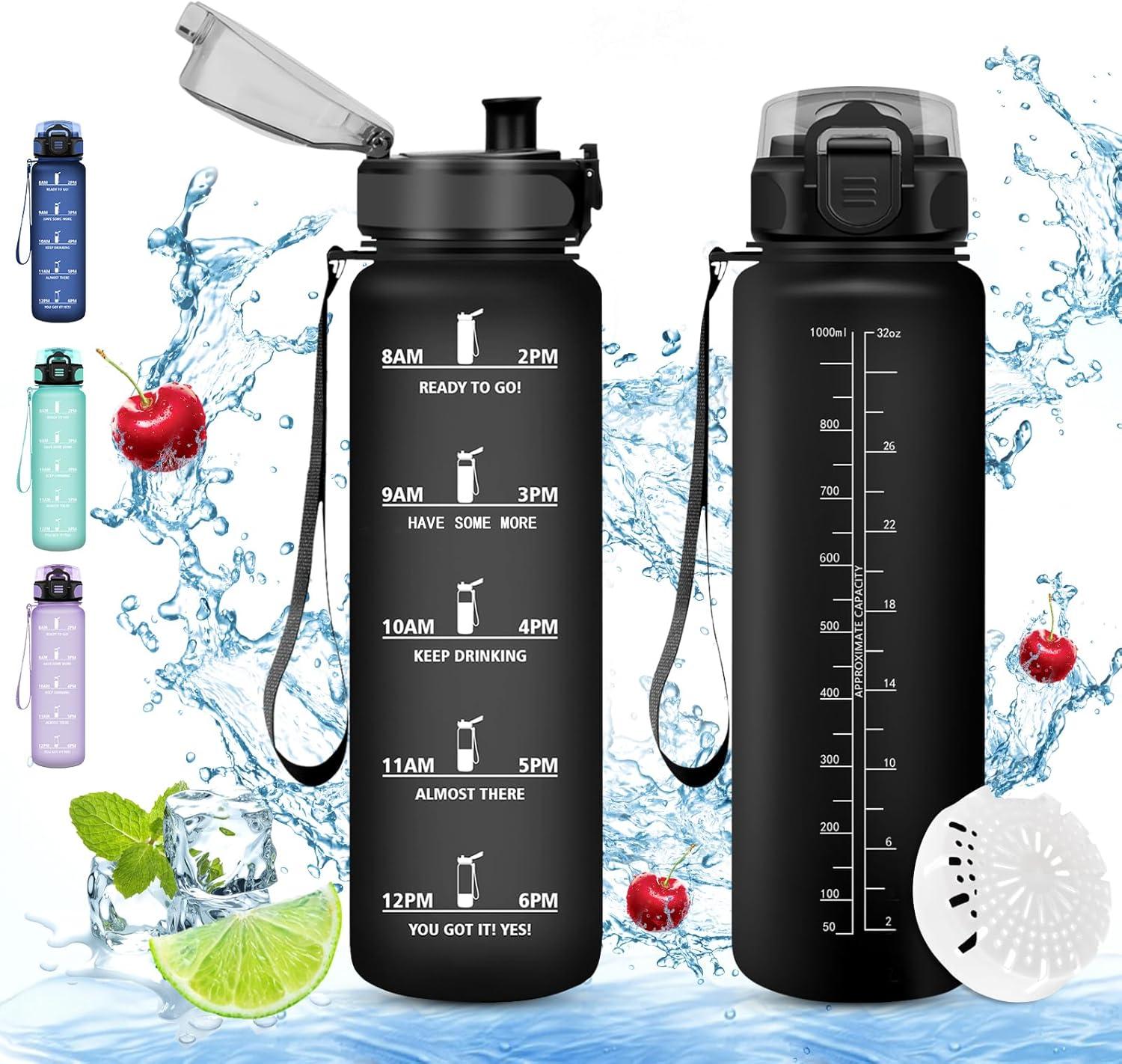 imageVikaster Gourde Sport Sans BPA tanche ampamp Rutilisable Bouteille dEau avec Marqueur de Temps et Filtre Convient Pour Enfant ampamp AdulteCmat Noir