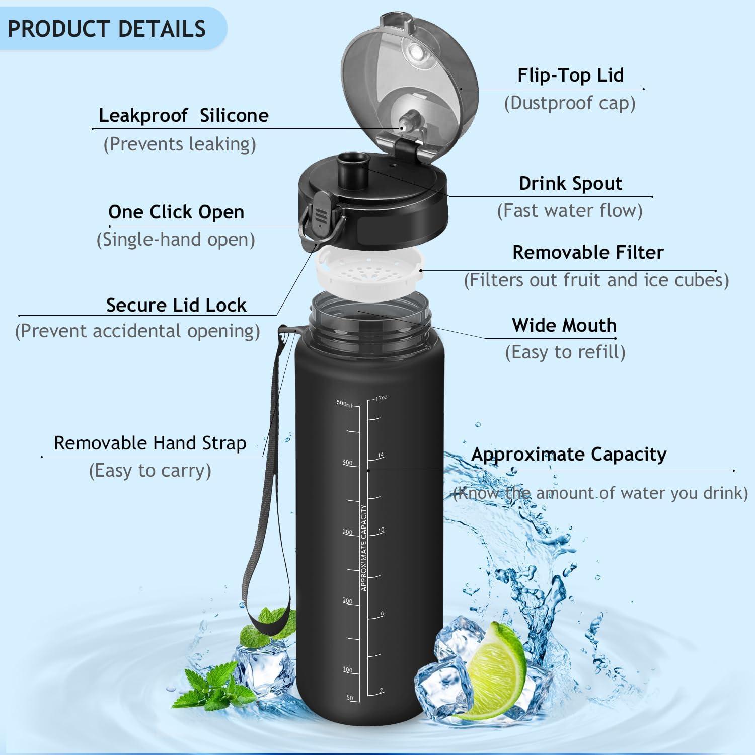 imageVikaster Gourde Sport Sans BPA tanche ampamp Rutilisable Bouteille dEau avec Marqueur de Temps et Filtre Convient Pour Enfant ampamp AdulteCmat Noir