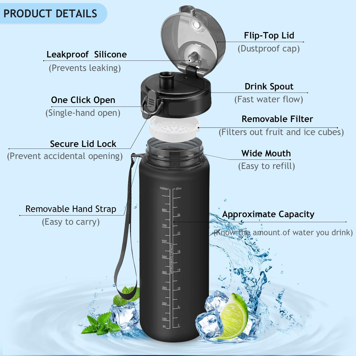imageVikaster Gourde Sport Sans BPA tanche ampamp Rutilisable Bouteille dEau avec Marqueur de Temps et Filtre Convient Pour Enfant ampamp AdulteCmat Noir