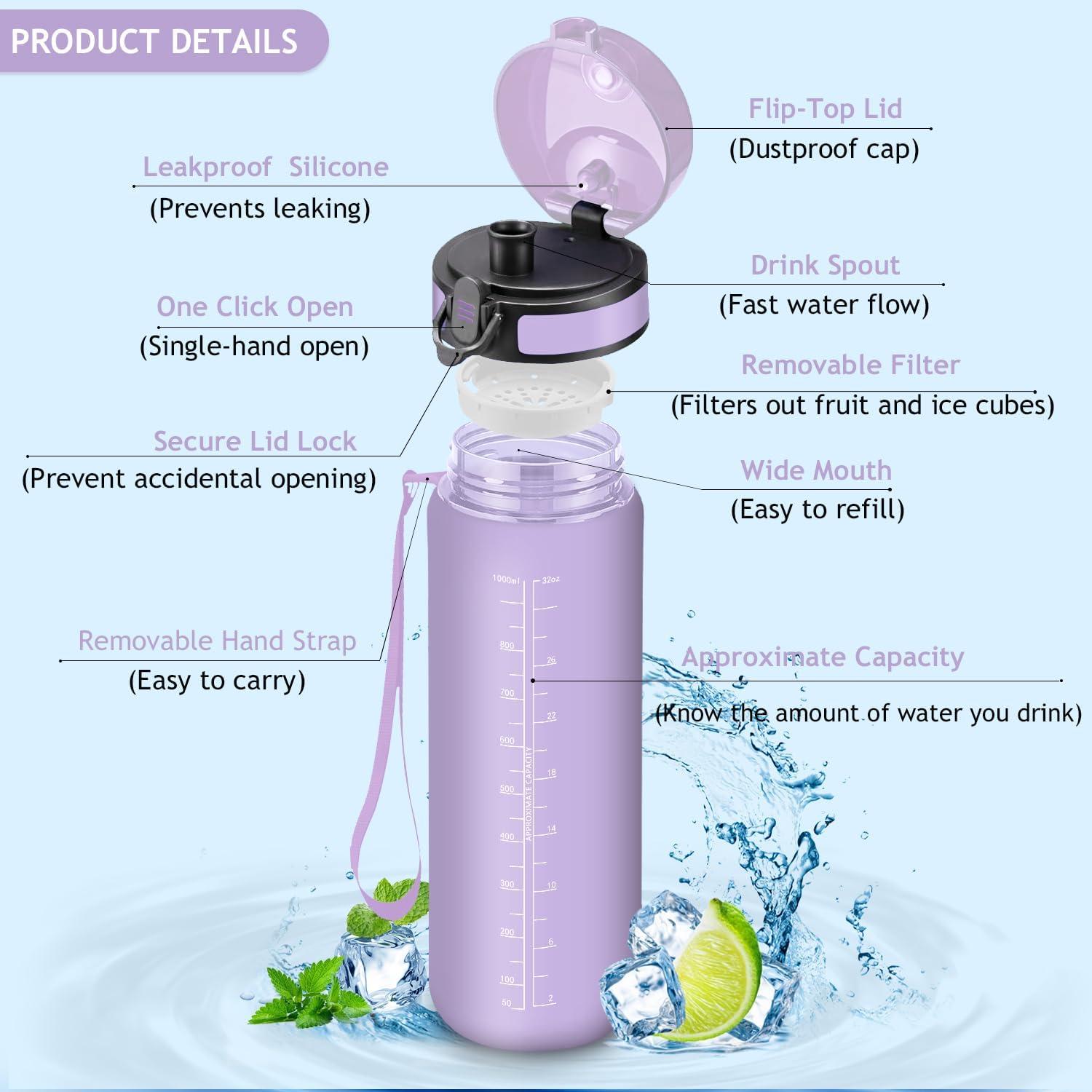 imageVikaster Gourde Sport Sans BPA tanche ampamp Rutilisable Bouteille dEau avec Marqueur de Temps et Filtre Convient Pour Enfant ampamp AdulteCviolet Clair