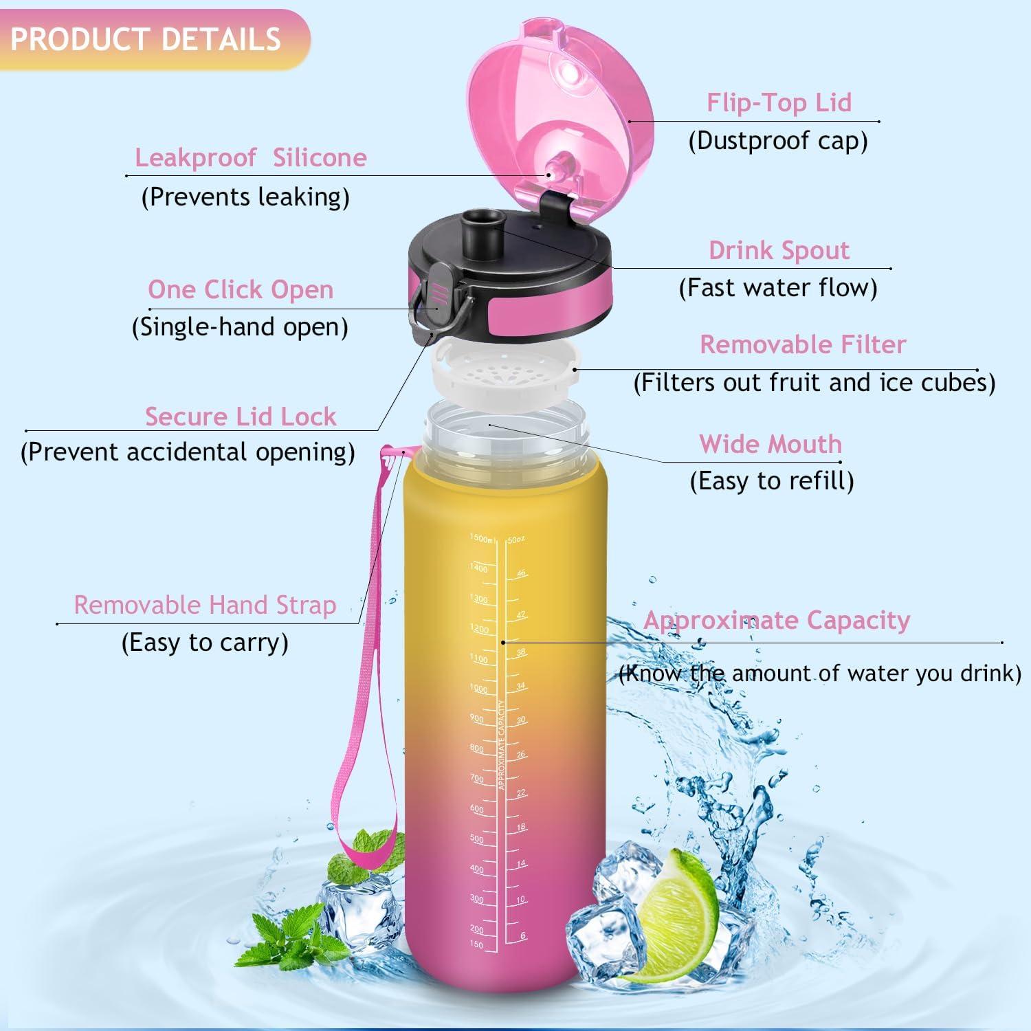 imageVikaster Gourde Sport Sans BPA tanche ampamp Rutilisable Bouteille dEau avec Marqueur de Temps et Filtre Convient Pour Enfant ampamp AdulteDrosejaune