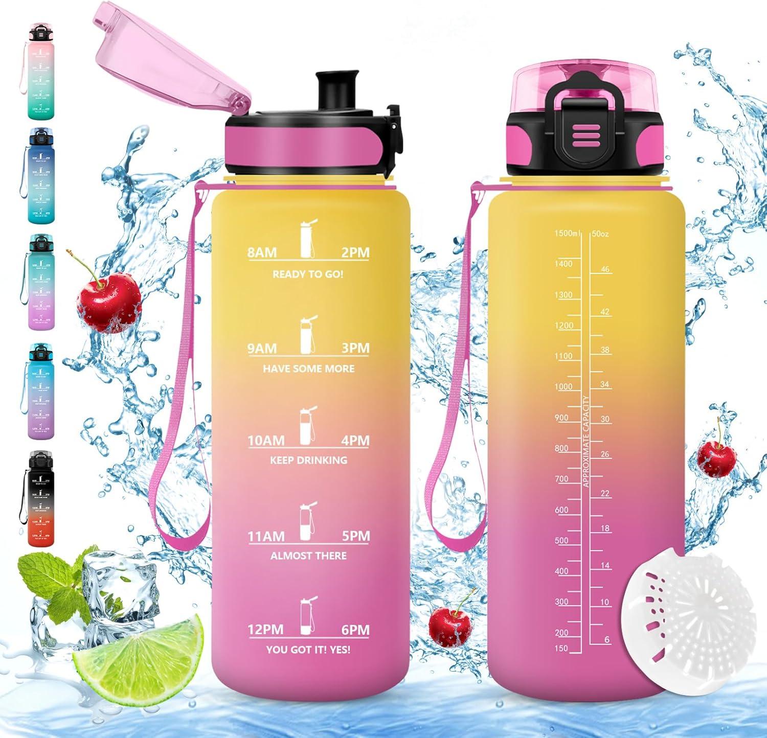 imageVikaster Gourde Sport Sans BPA tanche ampamp Rutilisable Bouteille dEau avec Marqueur de Temps et Filtre Convient Pour Enfant ampamp AdulteDrosejaune