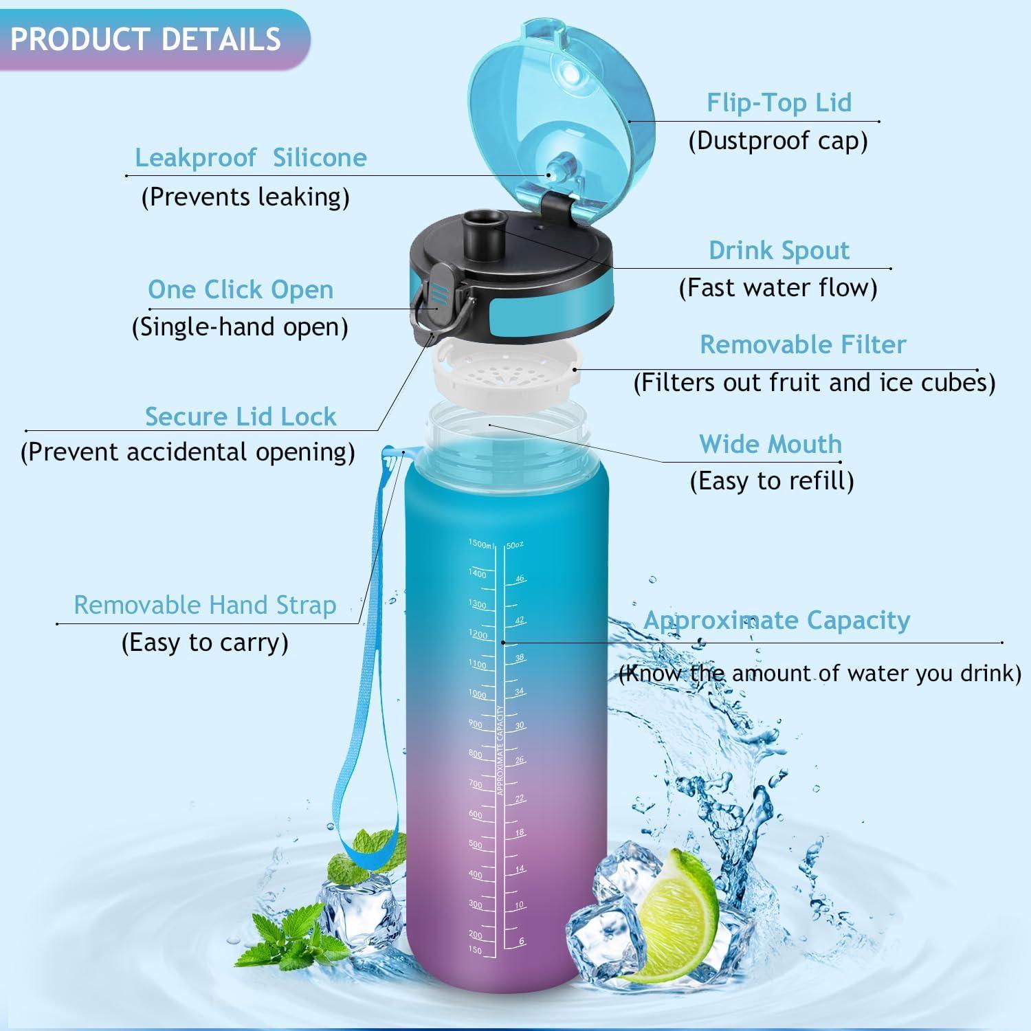 imageVikaster Gourde eau Gourde 1Litre sans BPA tanche ampamp Rutilisable Bouteille deau avec Marqueur de Temps et Filtre Convient Pour la Bureau Gym Yoga Camping SportDbleuviolet