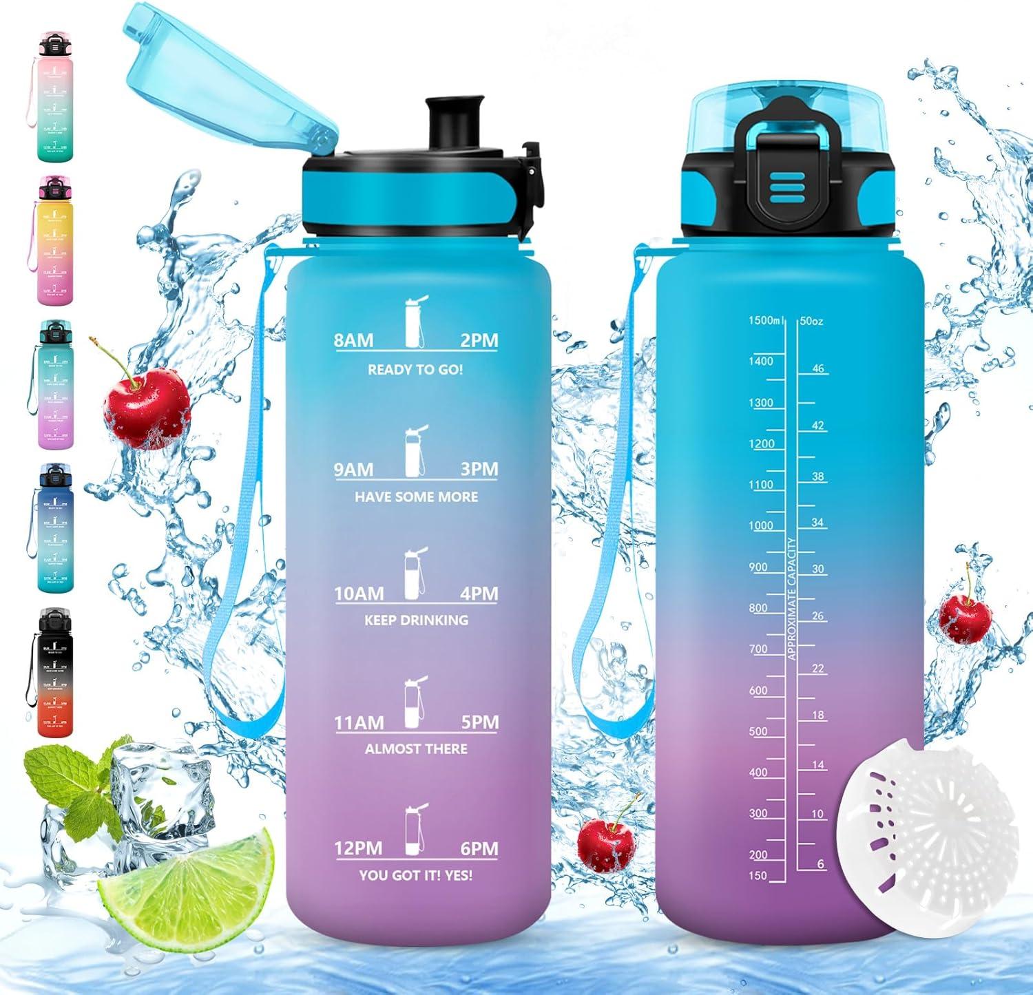 imageVikaster Gourde eau Gourde 1Litre sans BPA tanche ampamp Rutilisable Bouteille deau avec Marqueur de Temps et Filtre Convient Pour la Bureau Gym Yoga Camping SportDbleuviolet