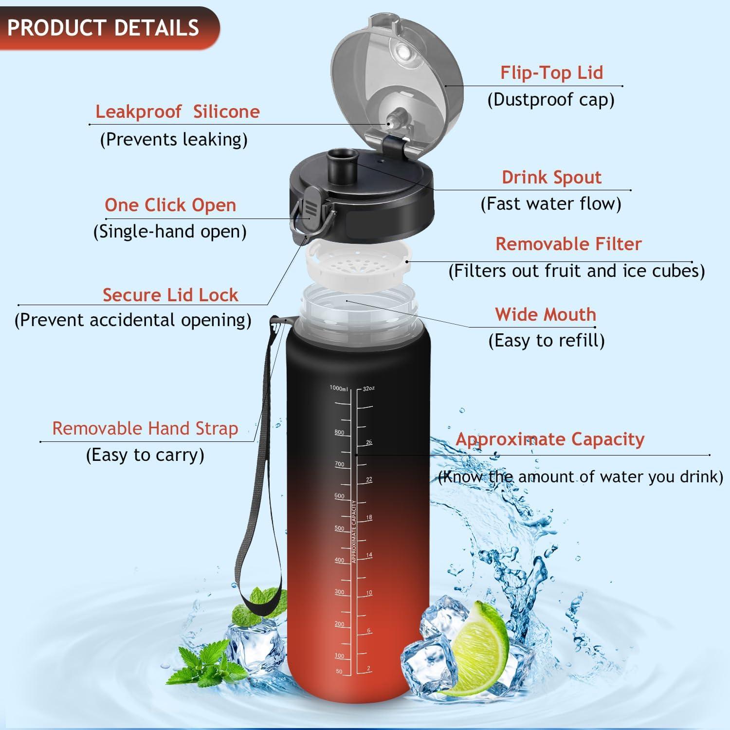 imageVikaster Gourde eau Gourde 1Litre sans BPA tanche ampamp Rutilisable Bouteille deau avec Marqueur de Temps et Filtre Convient Pour la Bureau Gym Yoga Camping SportDnoirrouge