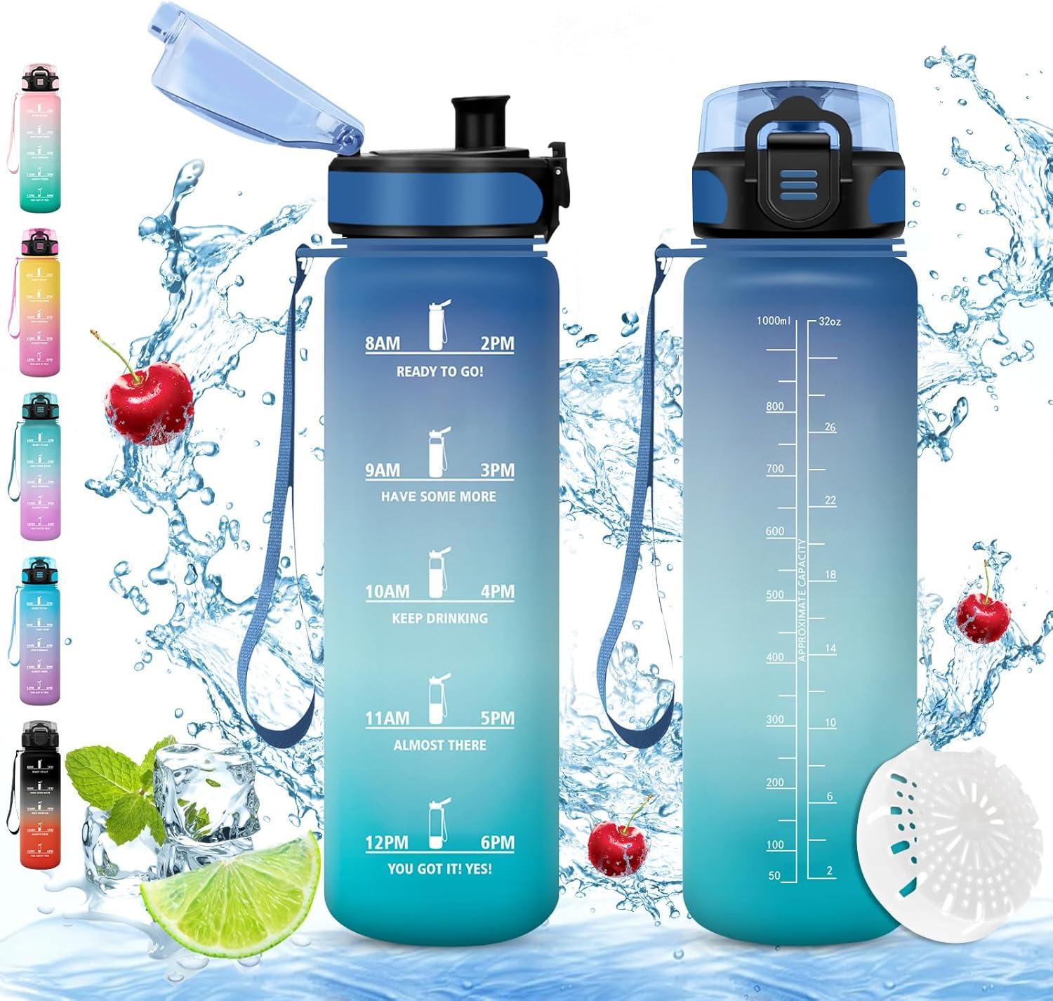imageVikaster Gourde eau Gourde 1Litre sans BPA tanche ampamp Rutilisable Bouteille deau avec Marqueur de Temps et Filtre Convient Pour la Bureau Gym Yoga Camping SportDbleuvert1
