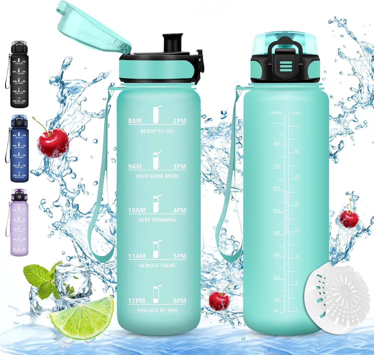 imageVikaster Gourde eau Gourde 1Litre sans BPA tanche ampamp Rutilisable Bouteille deau avec Marqueur de Temps et Filtre Convient Pour la Bureau Gym Yoga Camping SportCmat Bleu Vert3245c