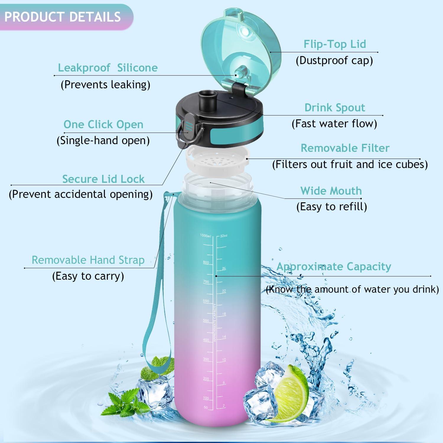 imageVikaster Gourde eau Gourde 1Litre sans BPA tanche ampamp Rutilisable Bouteille deau avec Marqueur de Temps et Filtre Convient Pour la Bureau Gym Yoga Camping SportDvertviolet