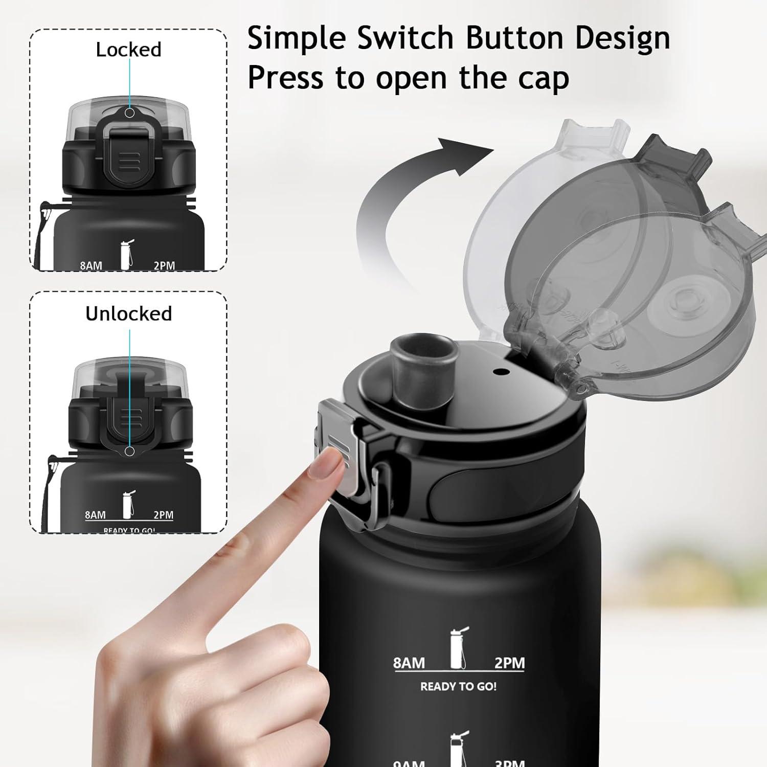 imageVikaster Gourde eau Gourde 1Litre sans BPA tanche ampamp Rutilisable Bouteille deau avec Marqueur de Temps et Filtre Convient Pour la Bureau Gym Yoga Camping SportCmat Noir