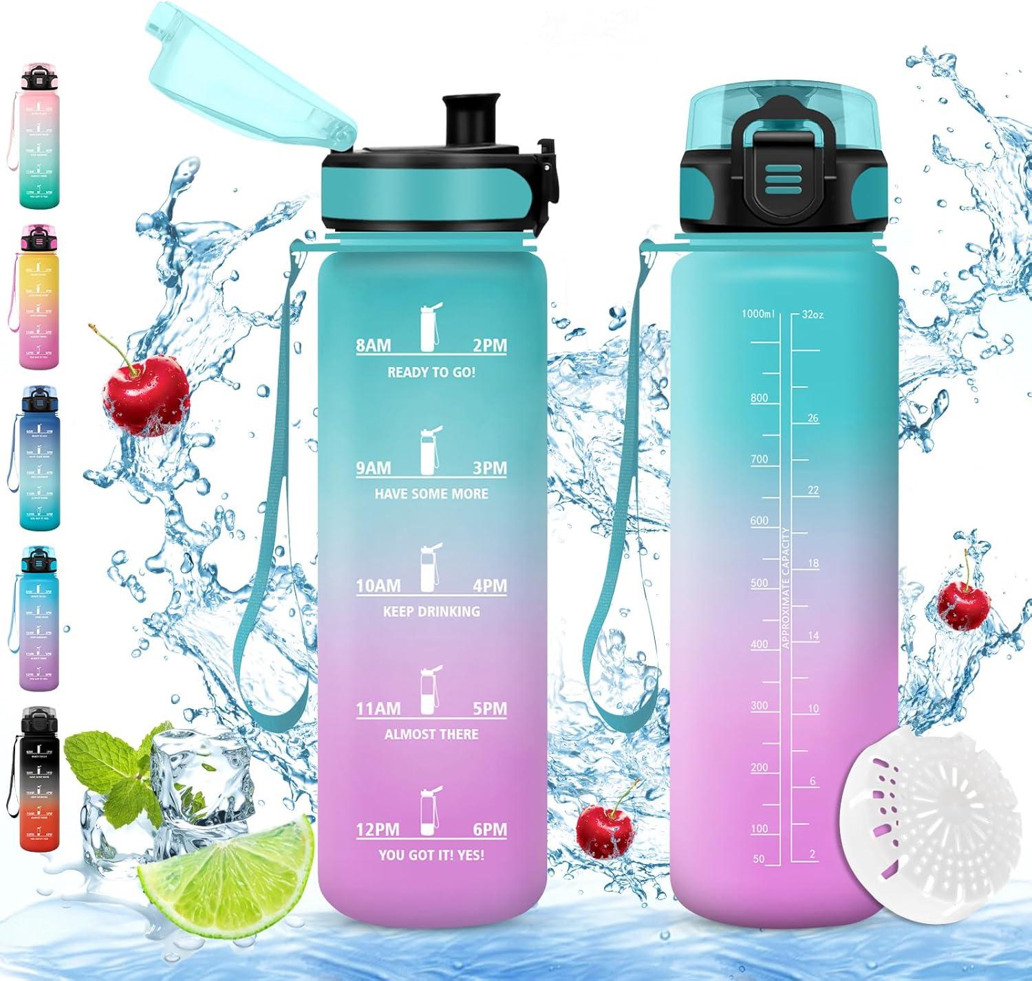 imageVikaster Gourde eau Gourde 1Litre sans BPA tanche ampamp Rutilisable Bouteille deau avec Marqueur de Temps et Filtre Convient Pour la Bureau Gym Yoga Camping SportDvertviolet