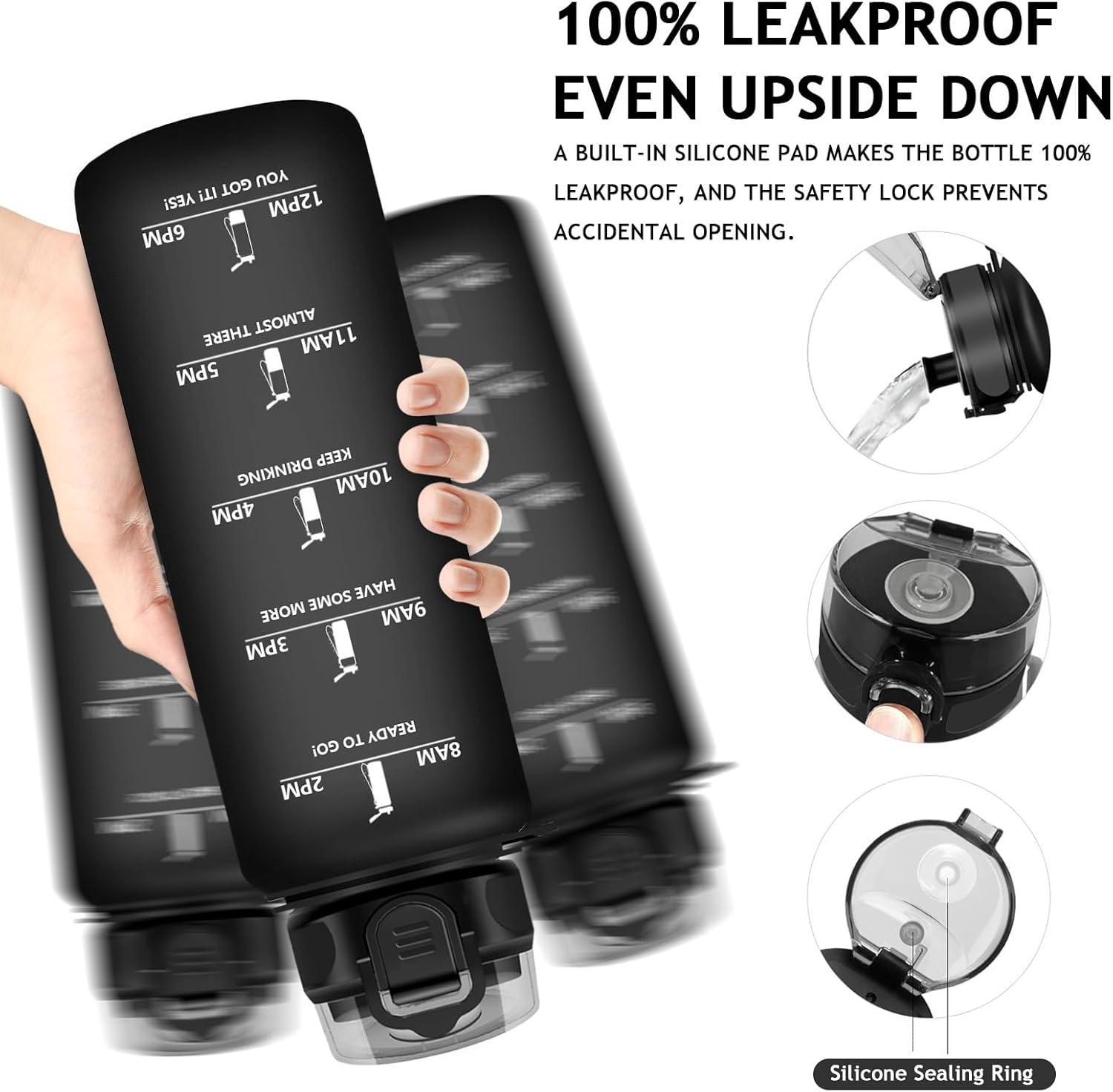 imageVikaster Gourde eau Gourde 1Litre sans BPA tanche ampamp Rutilisable Bouteille deau avec Marqueur de Temps et Filtre Convient Pour la Bureau Gym Yoga Camping SportCmat Noir