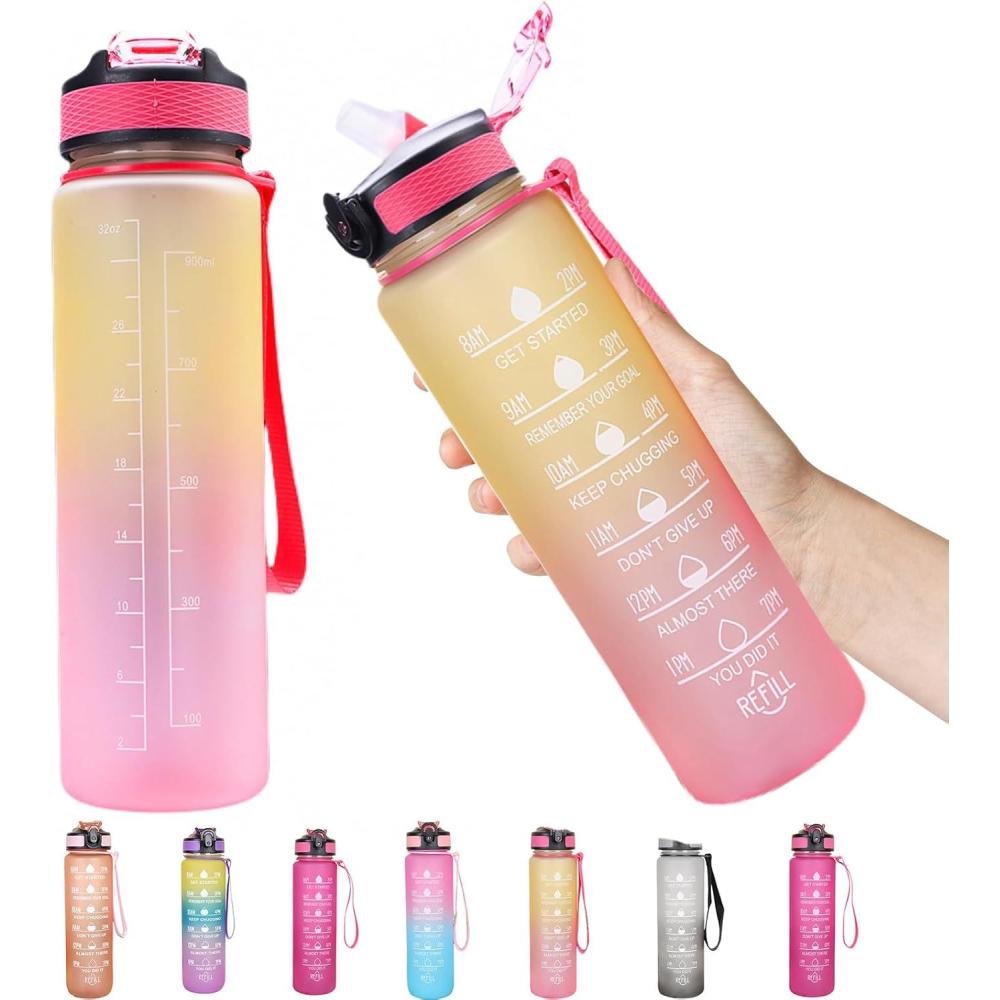 imageBouteille deau 1 LitresGourde Sport Sans BPAGourde avec Paille tancheBouteille de sport pour FitnessSportPlein Air Randonne rose  vertJaune  Rose